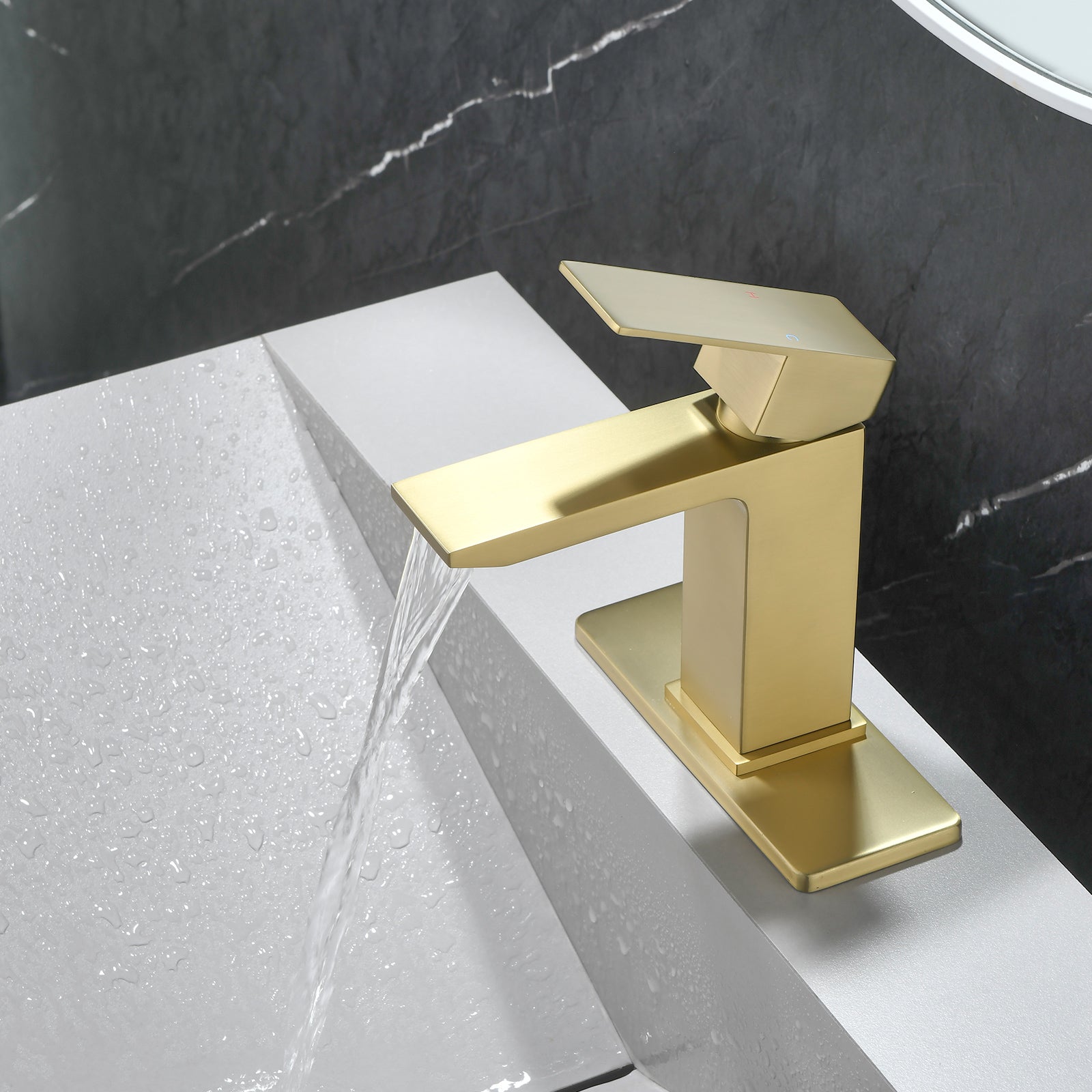 6"/12.5"H SUS304 Bathroom Sink Faucet with Rectangular Waterfall Spout, Brushed Gold Finish and Drain Included