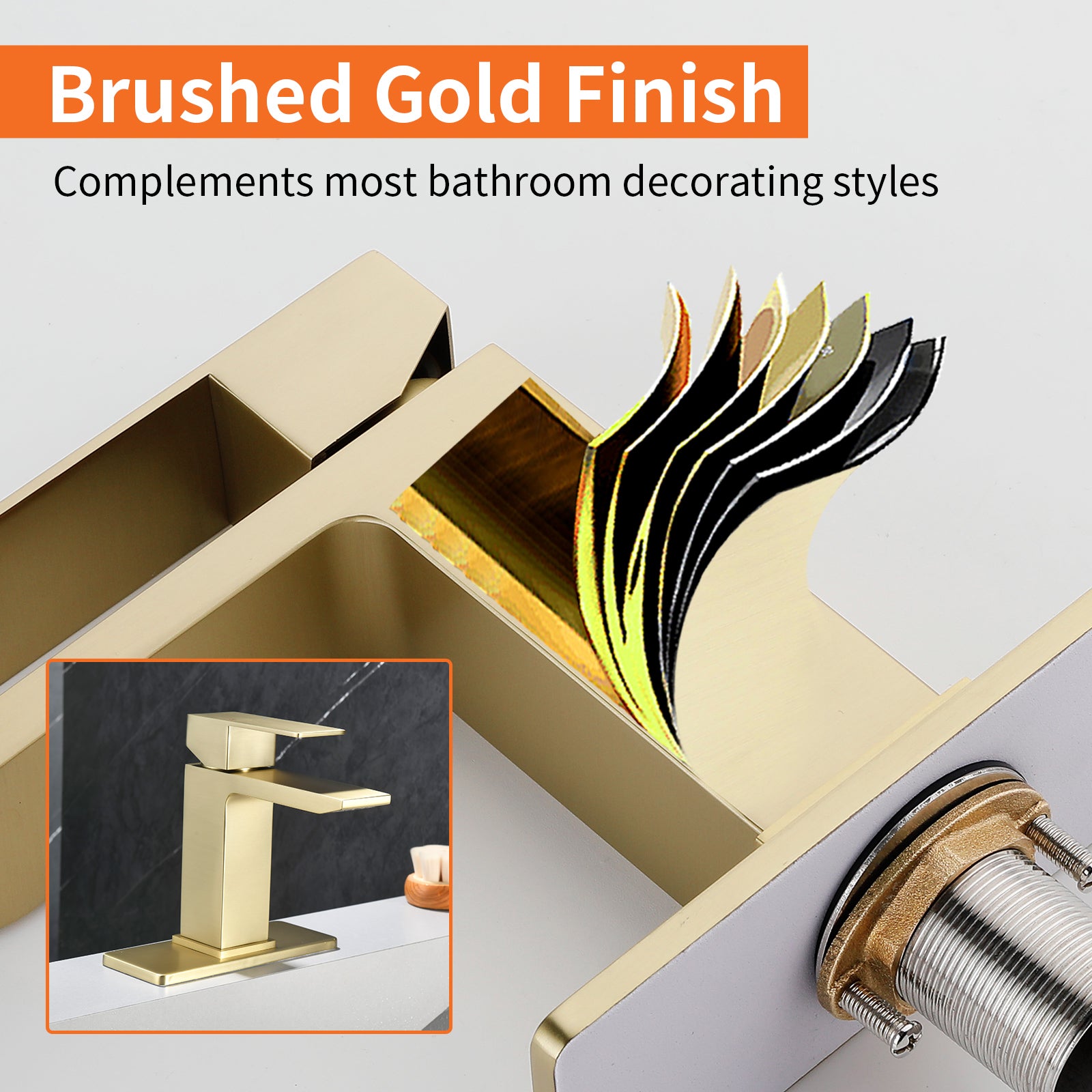 6"/12.5"H SUS304 Bathroom Sink Faucet with Rectangular Waterfall Spout, Brushed Gold Finish and Drain Included