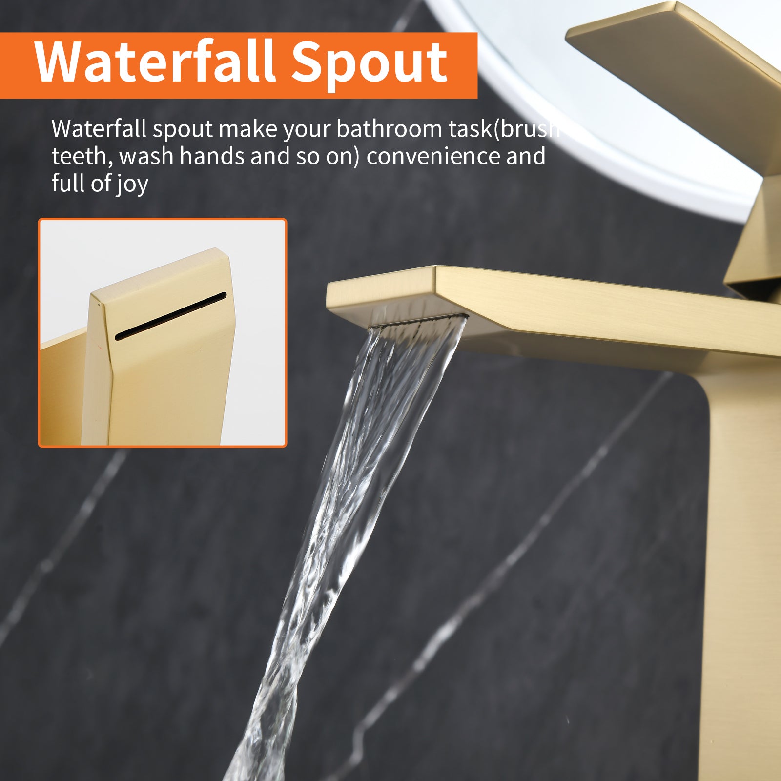 6"/12.5"H SUS304 Bathroom Sink Faucet with Rectangular Waterfall Spout, Brushed Gold Finish and Drain Included