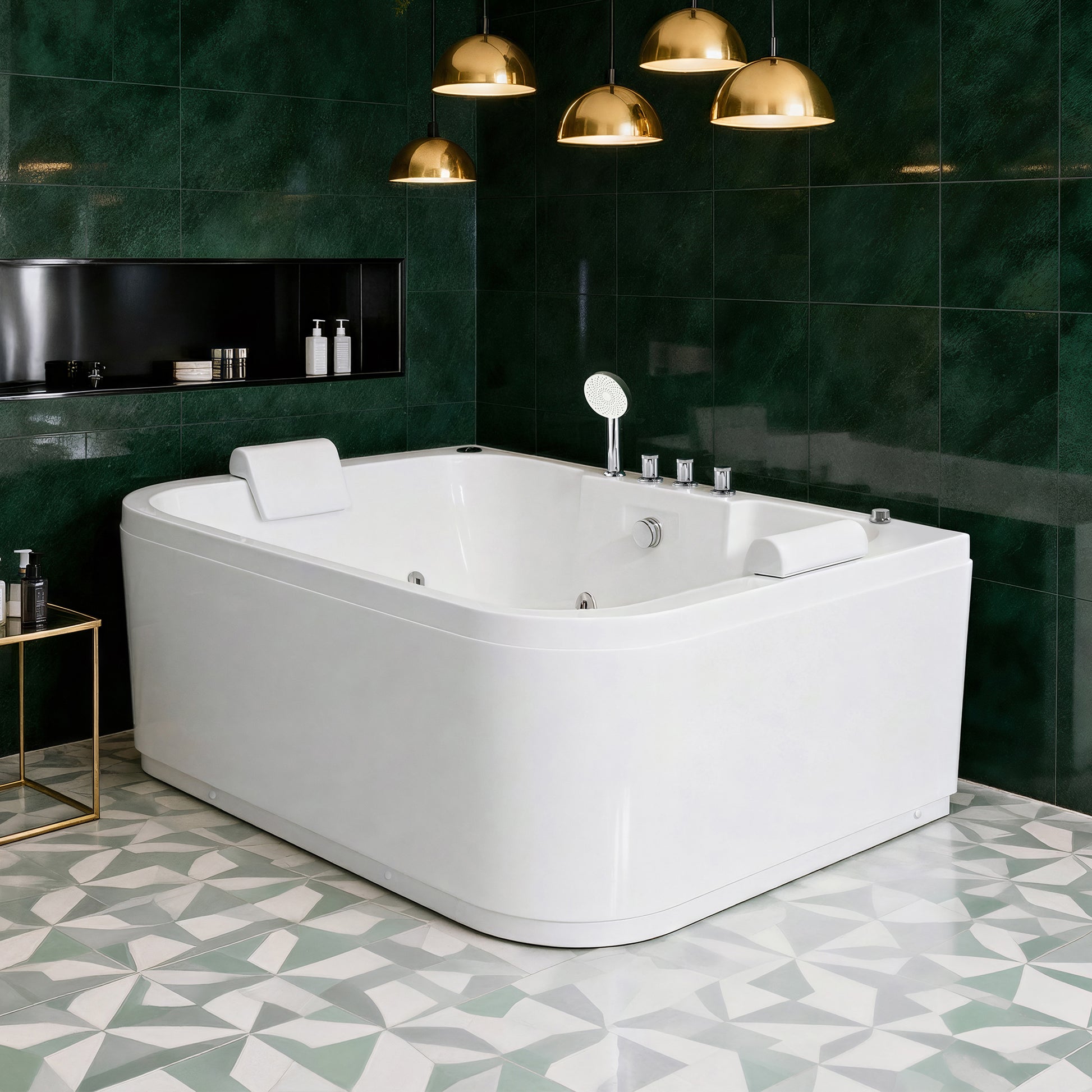 61" Acrylic Two-Person Whirlpool Bathtub with 16 Jets, LED Lighting & Built-in Heater for Spa Massage