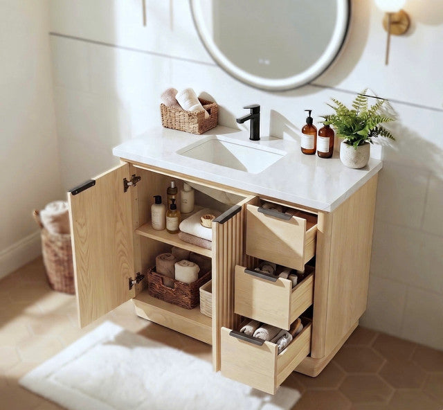36" Wood Bathroom Vanity with Fluted Cabinet and Soft-Close Doors
