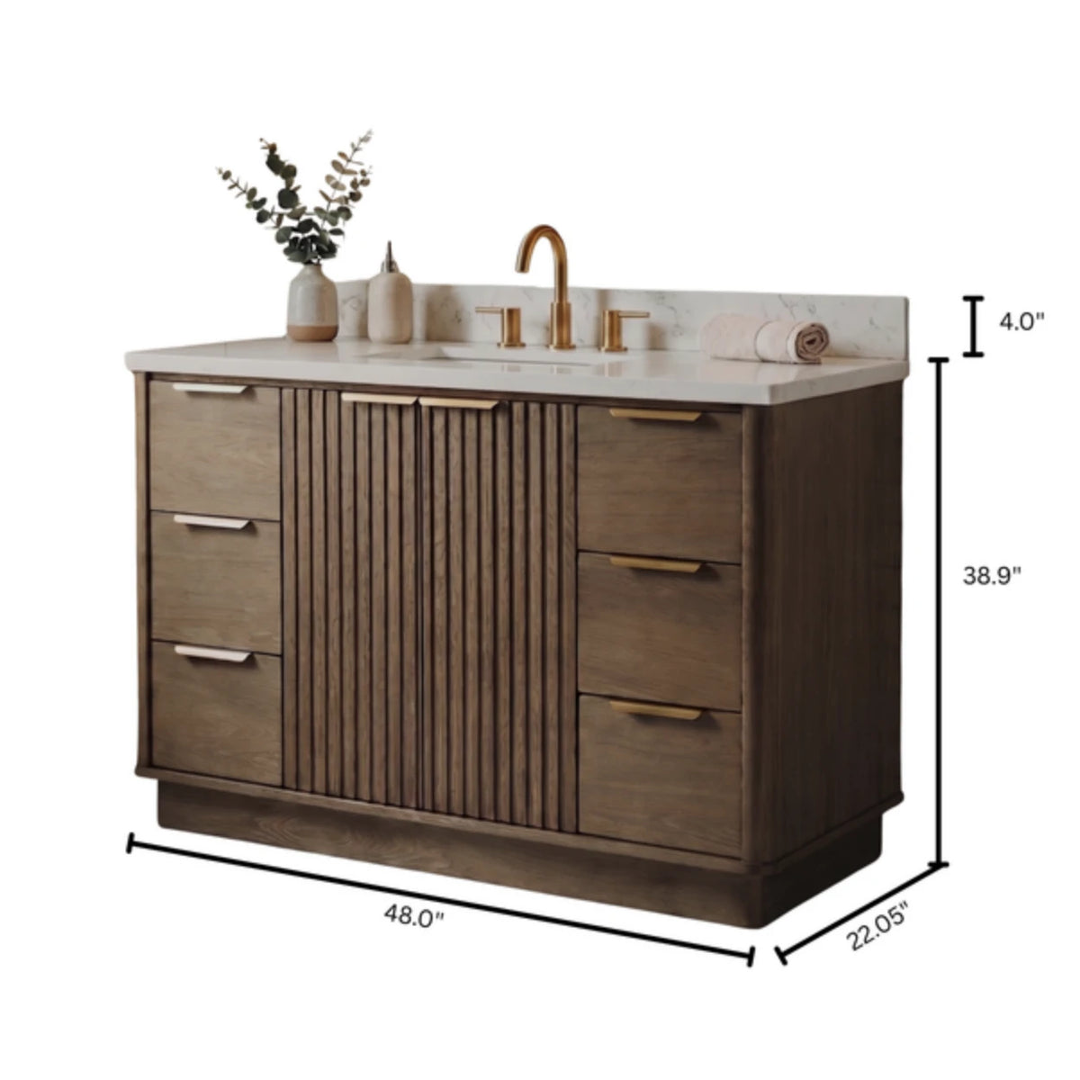 48" Wood Bathroom Vanity with Fluted Cabinet and Soft-Close Doors