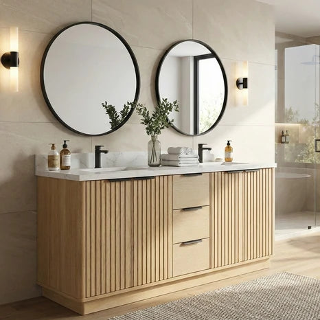 60"/ 72" Wood Bathroom Vanity with Fluted Cabinet and Double Sink Soft-Close Doors