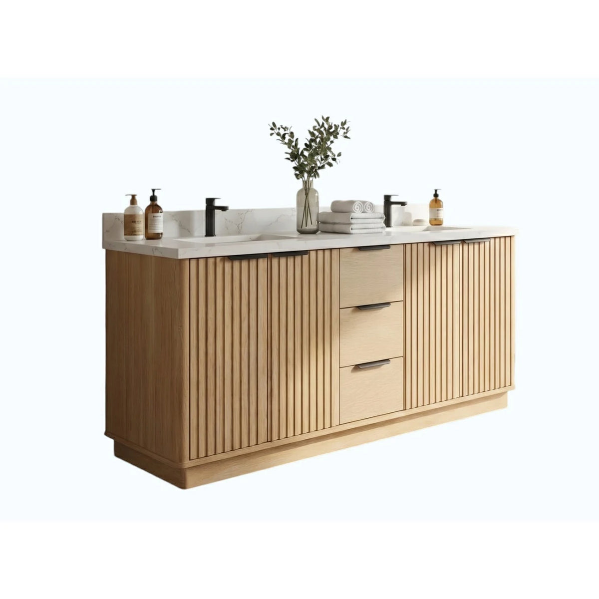 60"/ 72" Wood Bathroom Vanity with Fluted Cabinet and Double Sink Soft-Close Doors