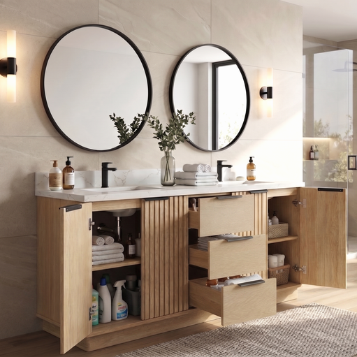 60"/ 72" Wood Bathroom Vanity with Fluted Cabinet and Double Sink Soft-Close Doors