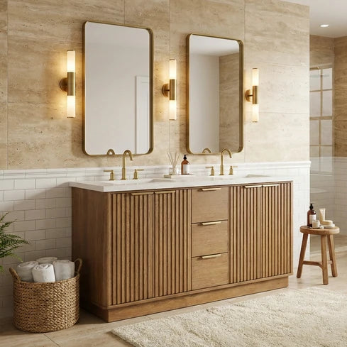 60"/ 72" Wood Bathroom Vanity with Fluted Cabinet and Double Sink Soft-Close Doors