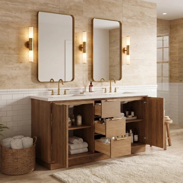 60"/ 72" Wood Bathroom Vanity with Fluted Cabinet and Double Sink Soft-Close Doors