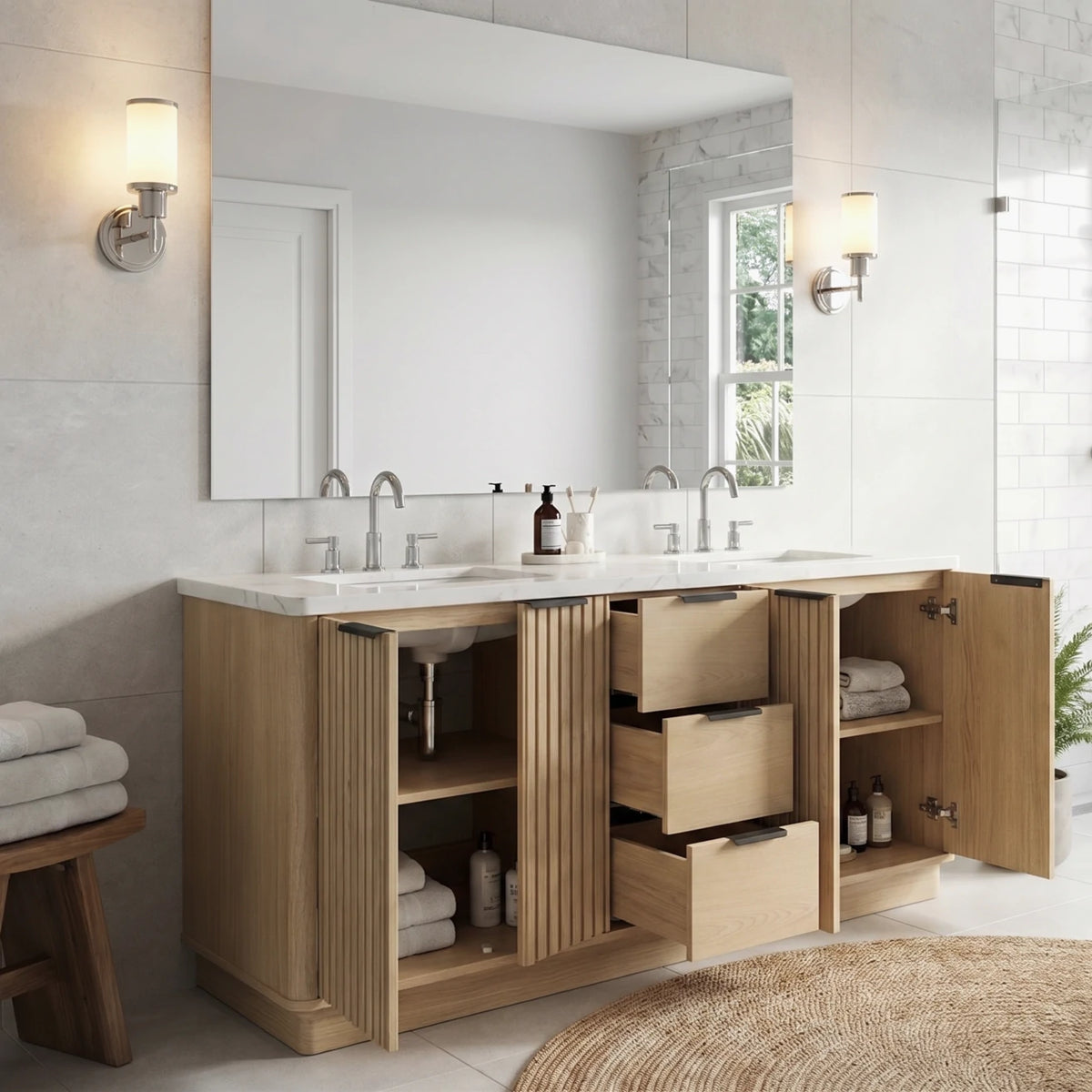 60"/ 72" Wood Bathroom Vanity with Fluted Cabinet and Double Sink Soft-Close Doors