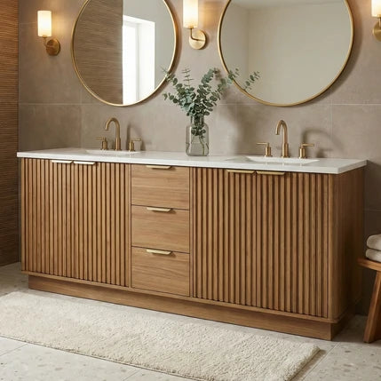 60"/ 72" Wood Bathroom Vanity with Fluted Cabinet and Double Sink Soft-Close Doors