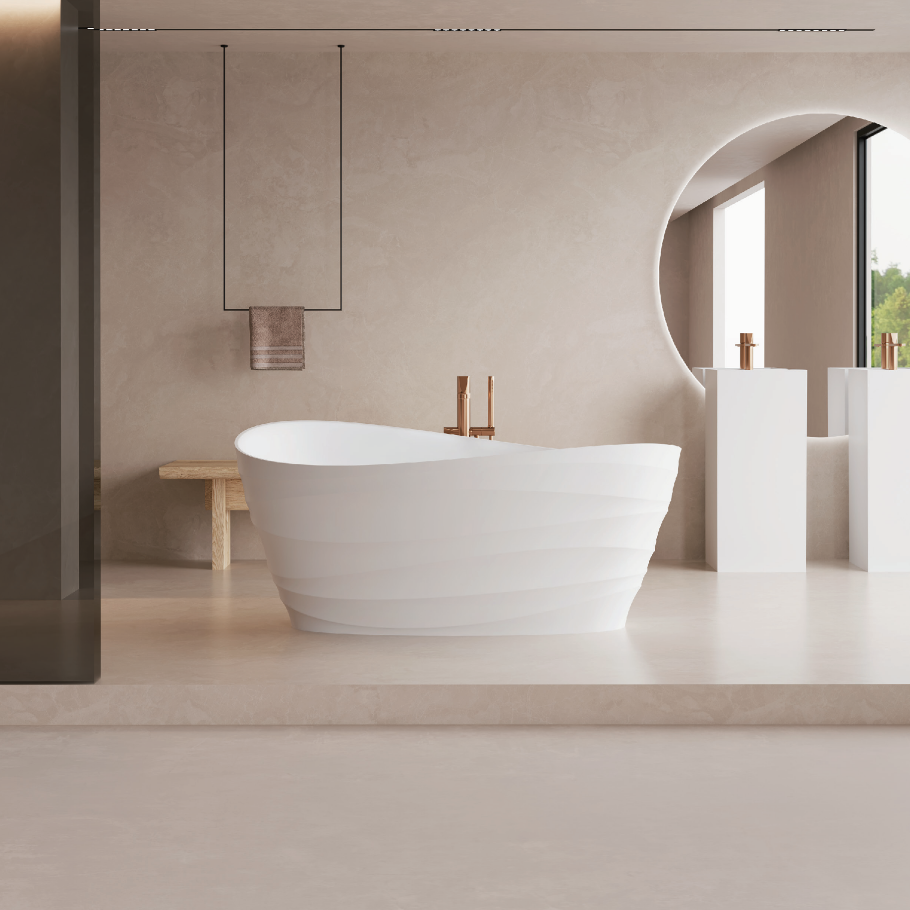 62" Freestanding Solid Surface Deep Soaking Bathtub with Tiered Ripple Design, Center Drain, cUPC Certified Resin Stone Bath Tub in Matte White