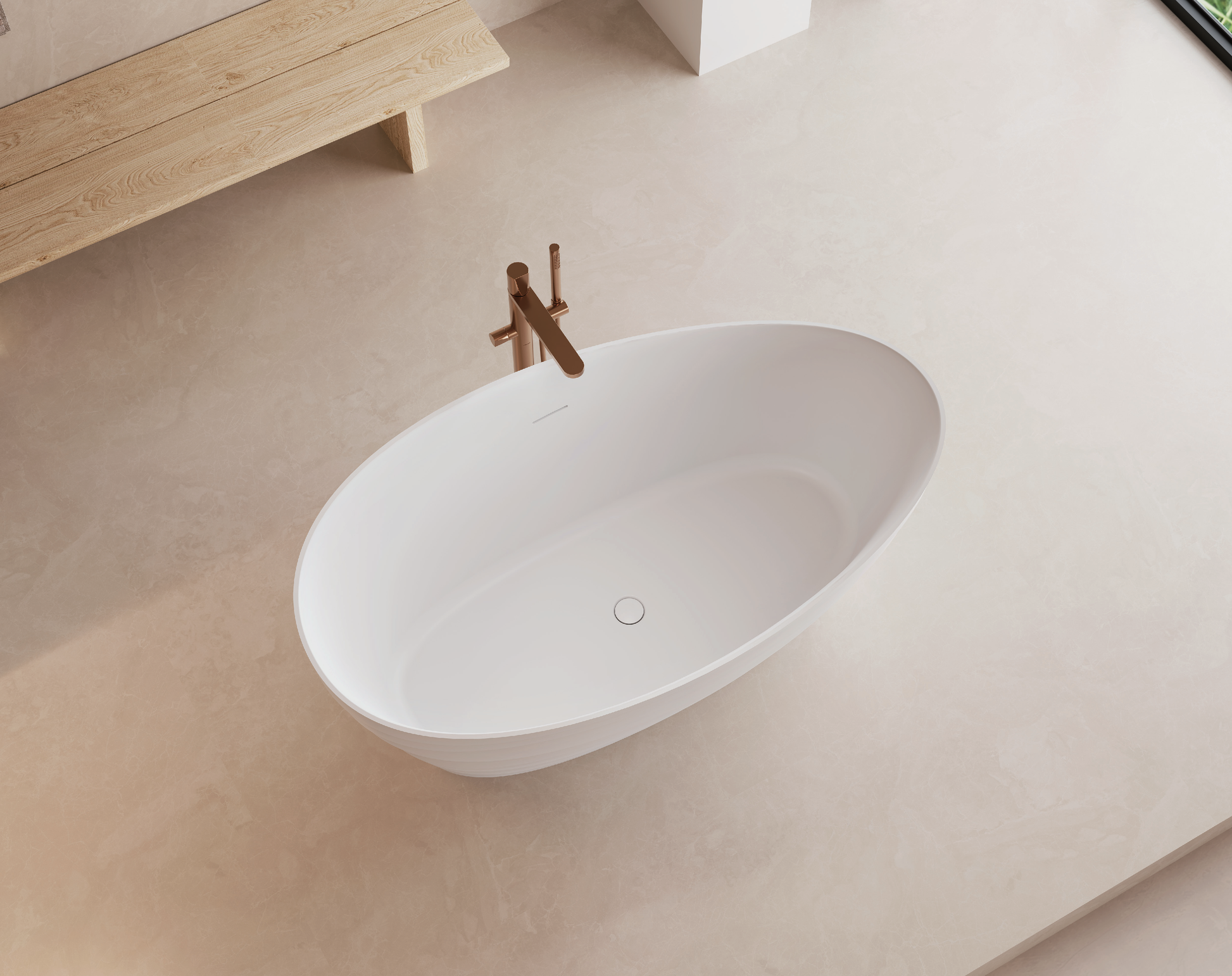 62" Freestanding Solid Surface Deep Soaking Bathtub with Tiered Ripple Design, Center Drain, cUPC Certified Resin Stone Bath Tub in Matte White