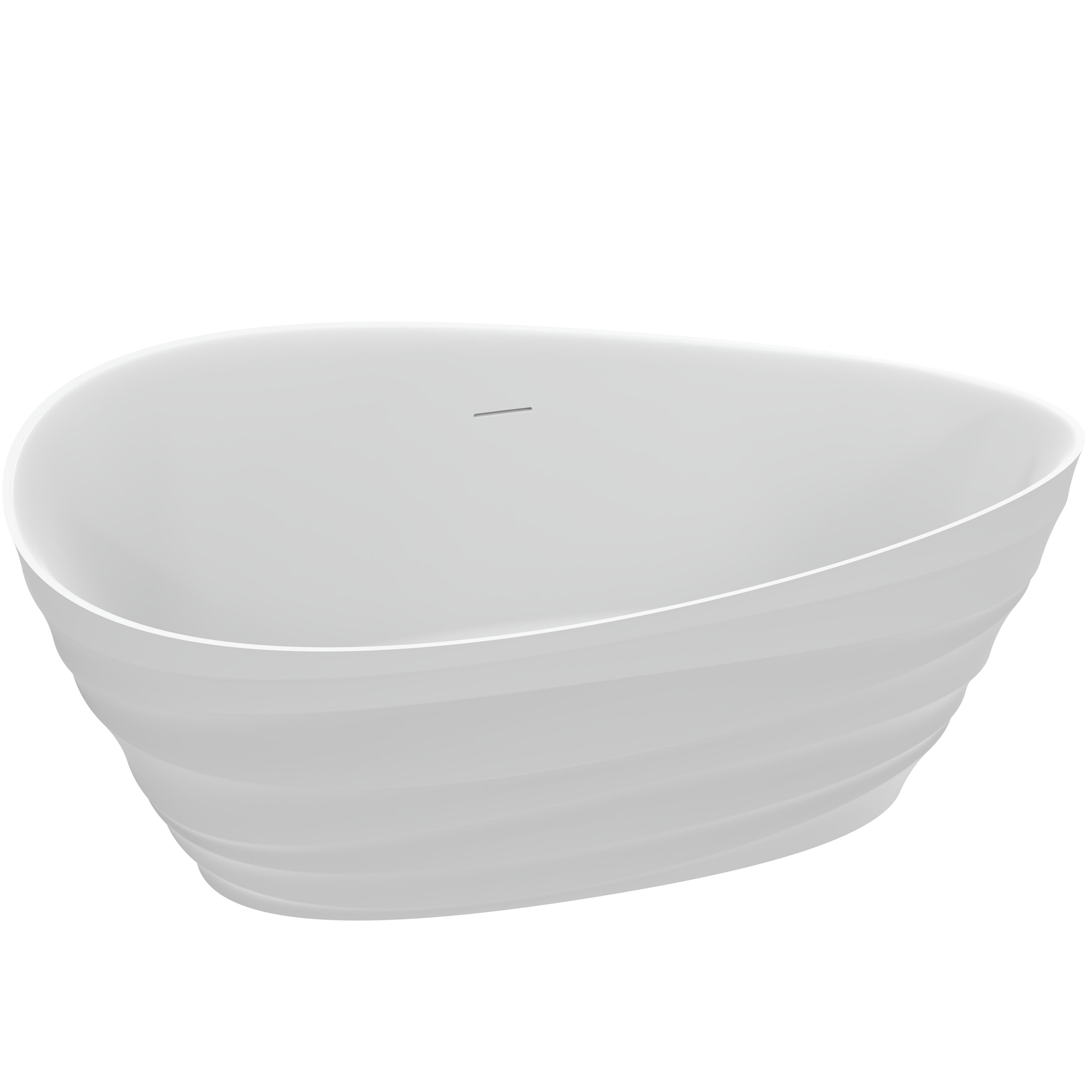 62" Freestanding Solid Surface Deep Soaking Bathtub with Tiered Ripple Design, Center Drain, cUPC Certified Resin Stone Bath Tub in Matte White