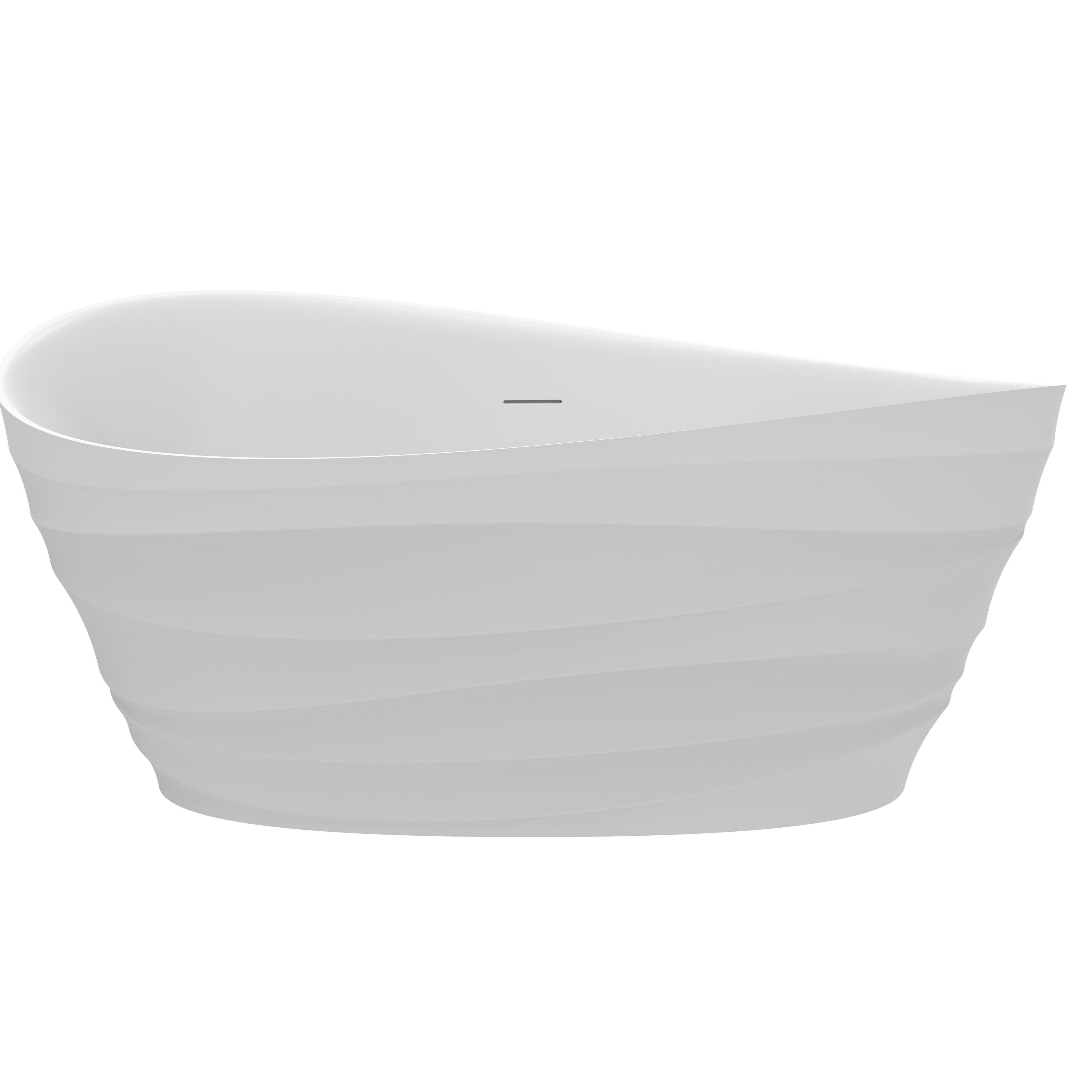 62" Freestanding Solid Surface Deep Soaking Bathtub with Tiered Ripple Design, Center Drain, cUPC Certified Resin Stone Bath Tub in Matte White