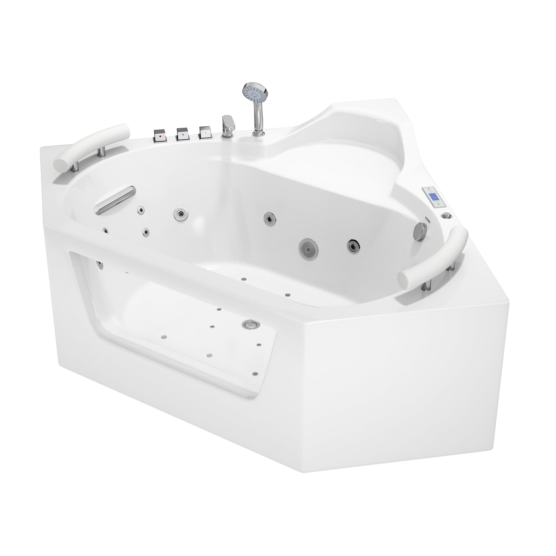 62" Acrylic Polygonal Corner Massage Tub with LED Hydrotherapy & Shoulder Waterfalls