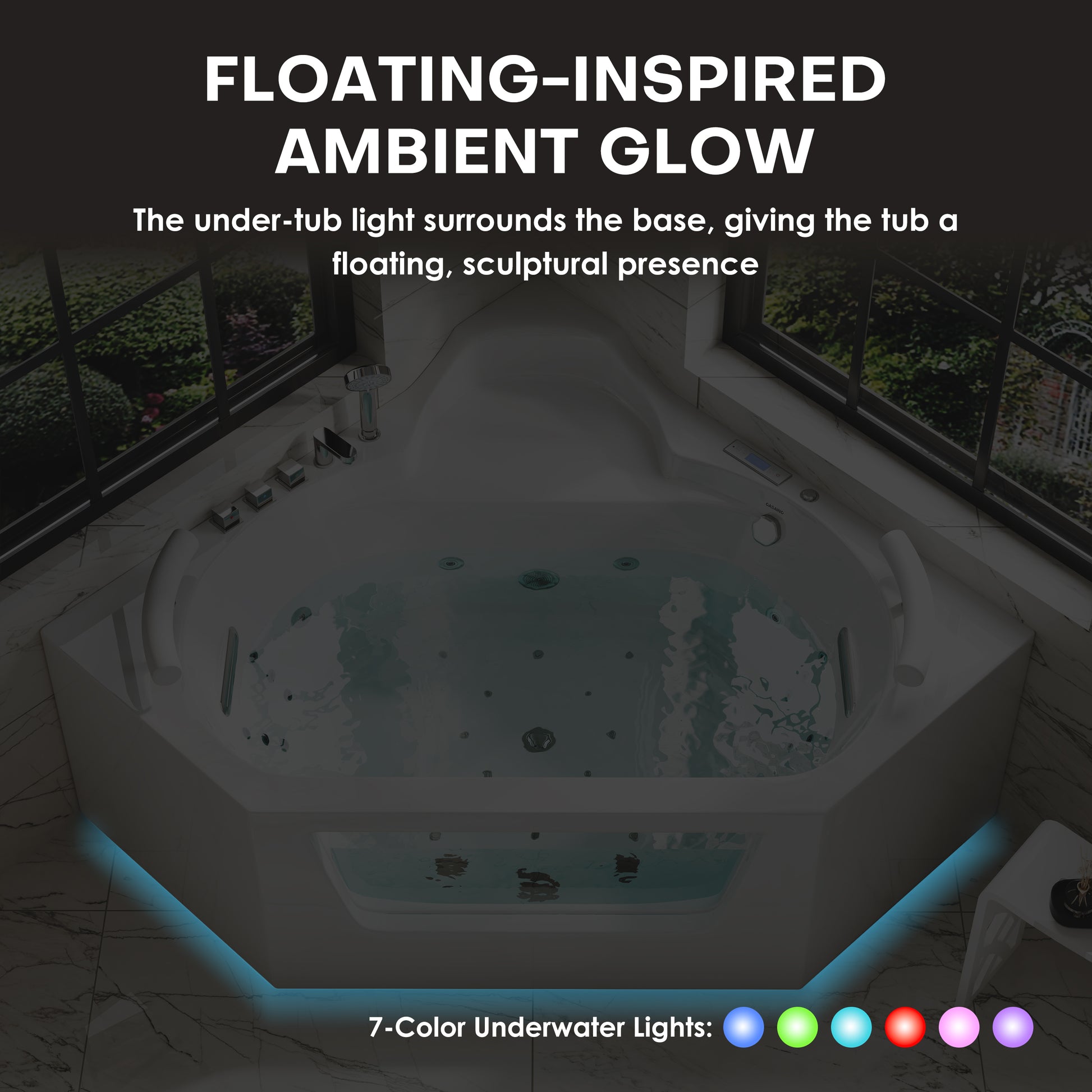 62" Acrylic Polygonal Corner Massage Tub with LED Hydrotherapy & Shoulder Waterfalls