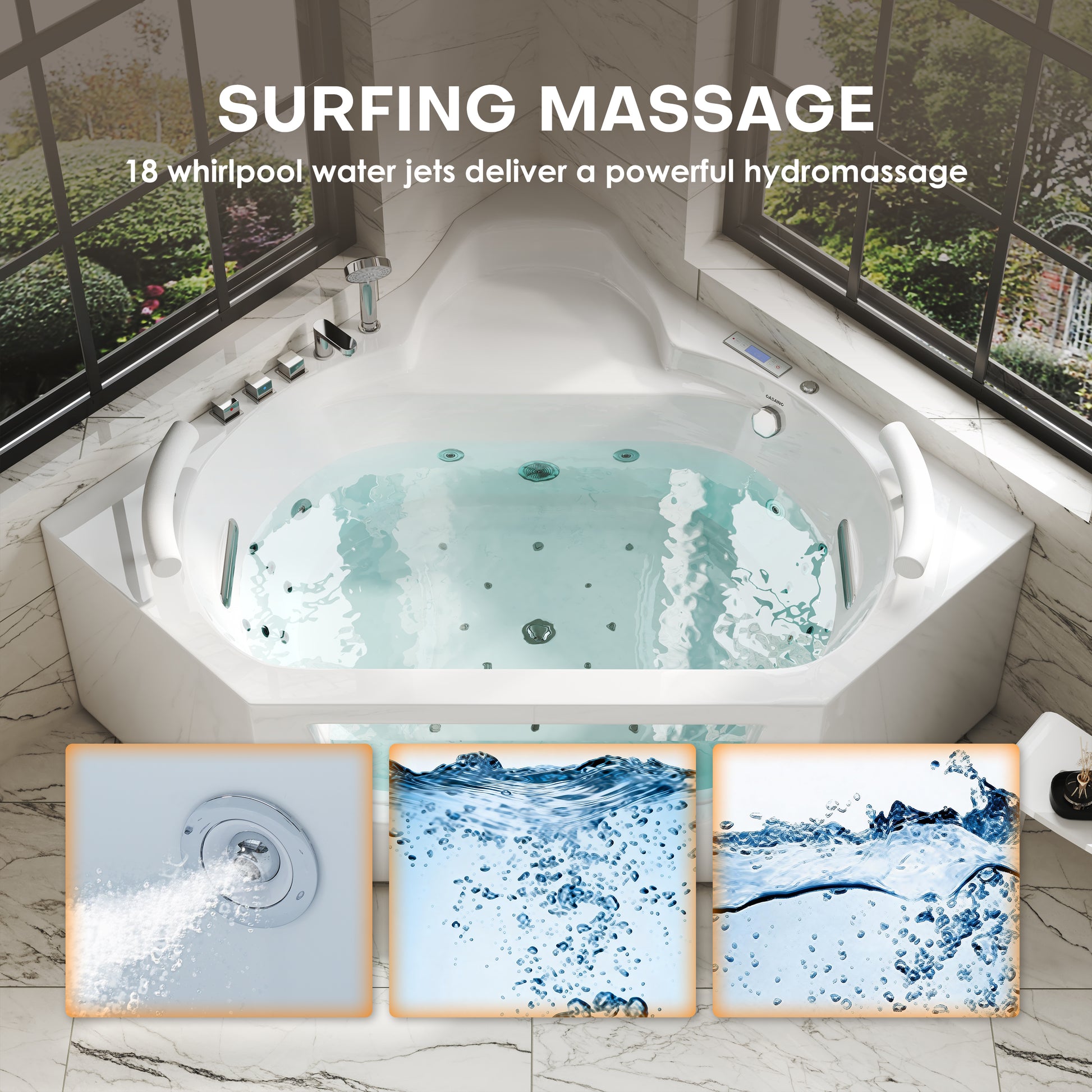 62" Acrylic Polygonal Corner Massage Tub with LED Hydrotherapy & Shoulder Waterfalls