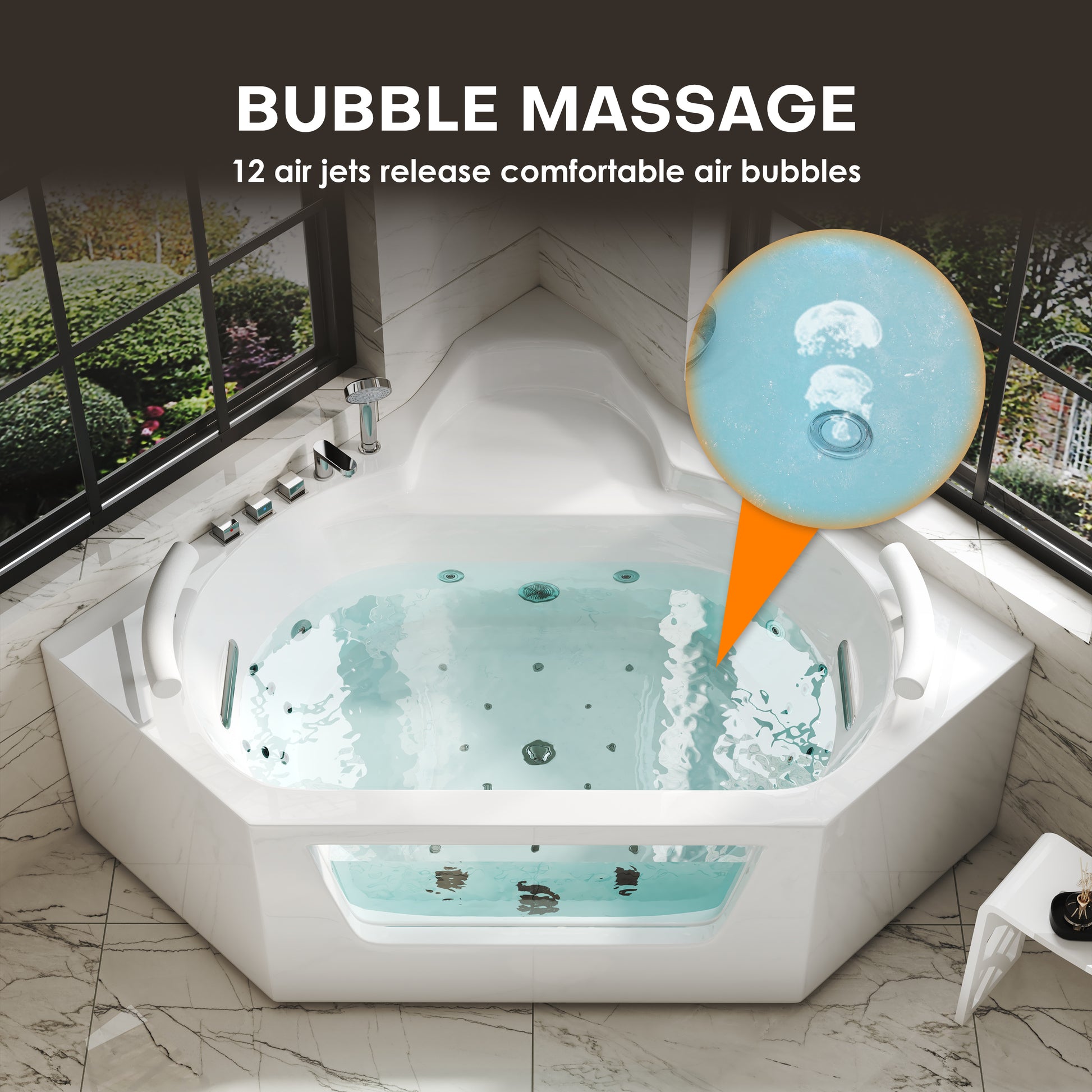 62" Acrylic Polygonal Corner Massage Tub with LED Hydrotherapy & Shoulder Waterfalls