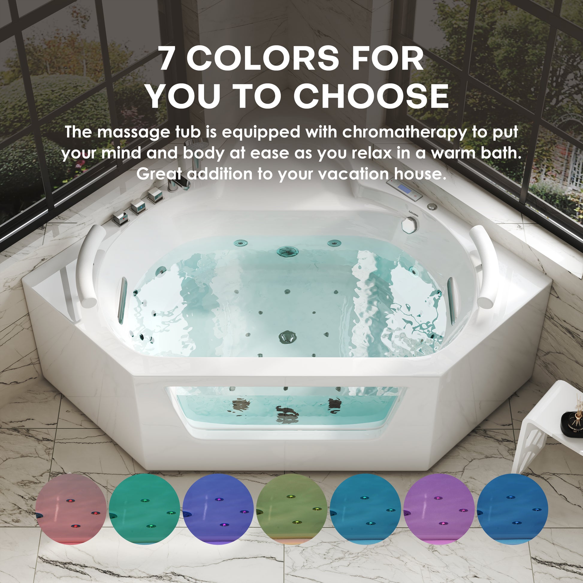 62" Acrylic Polygonal Corner Massage Tub with LED Hydrotherapy & Shoulder Waterfalls