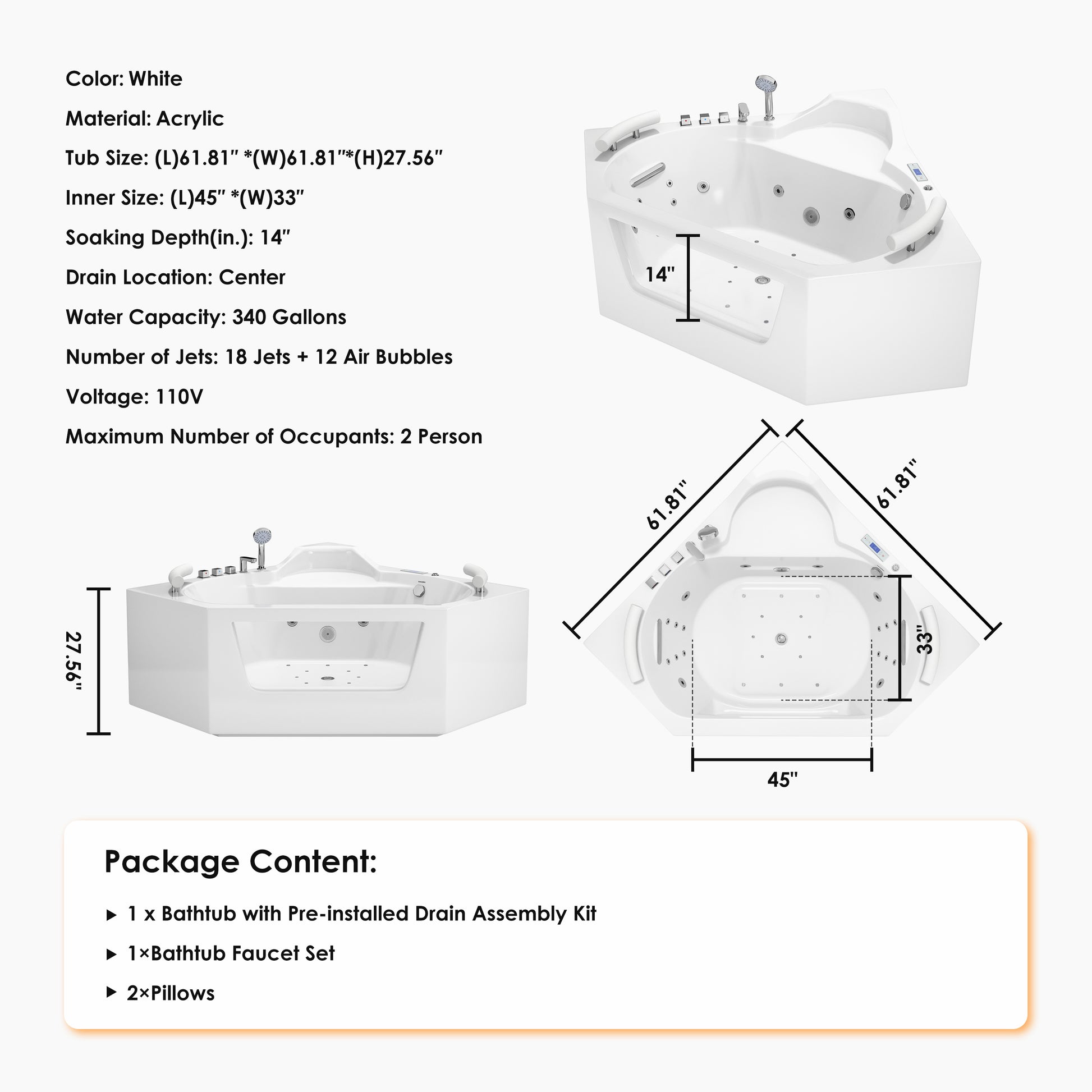 62" Acrylic Polygonal Corner Massage Tub with LED Hydrotherapy & Shoulder Waterfalls