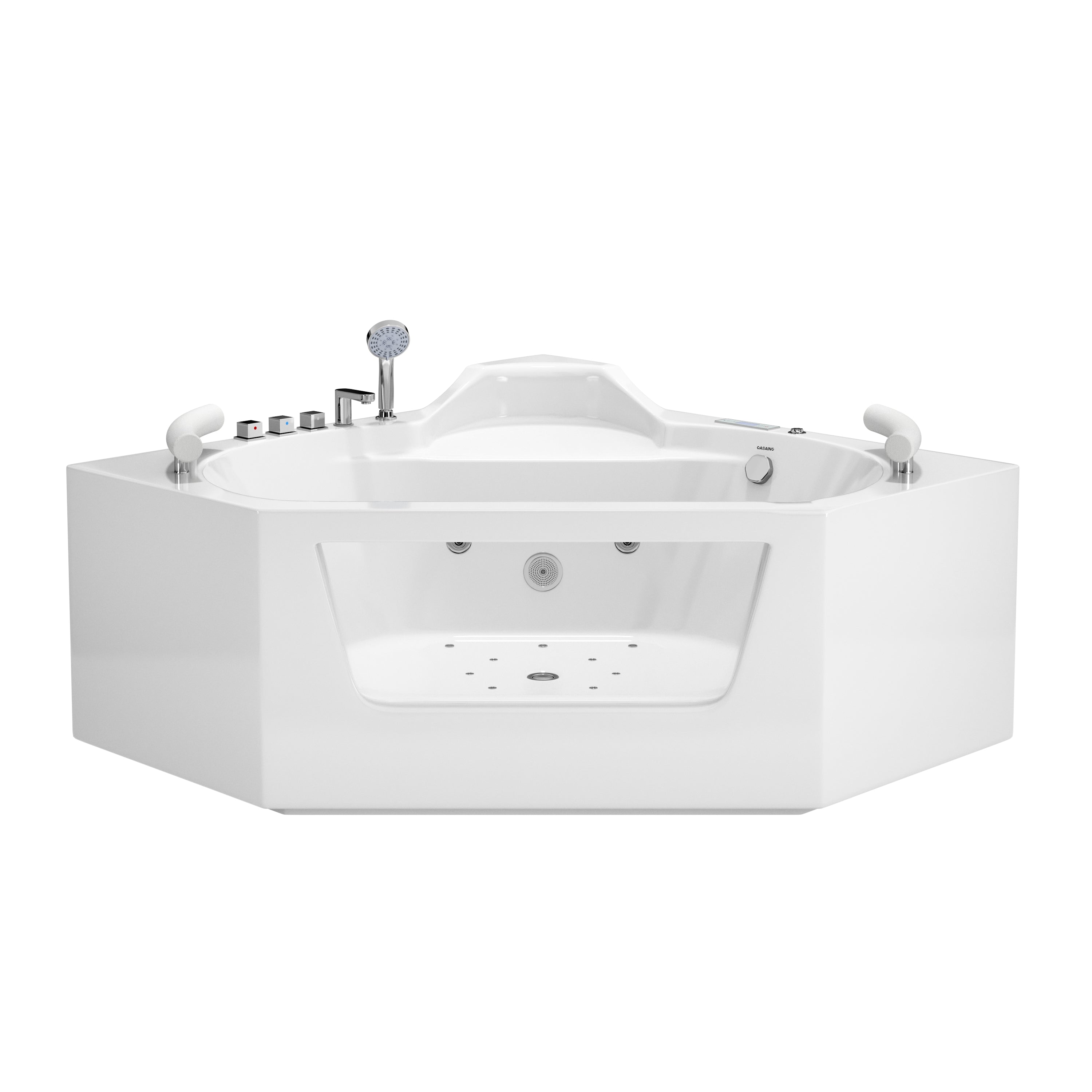 62" Acrylic Polygonal Corner Massage Tub with LED Hydrotherapy & Shoulder Waterfalls