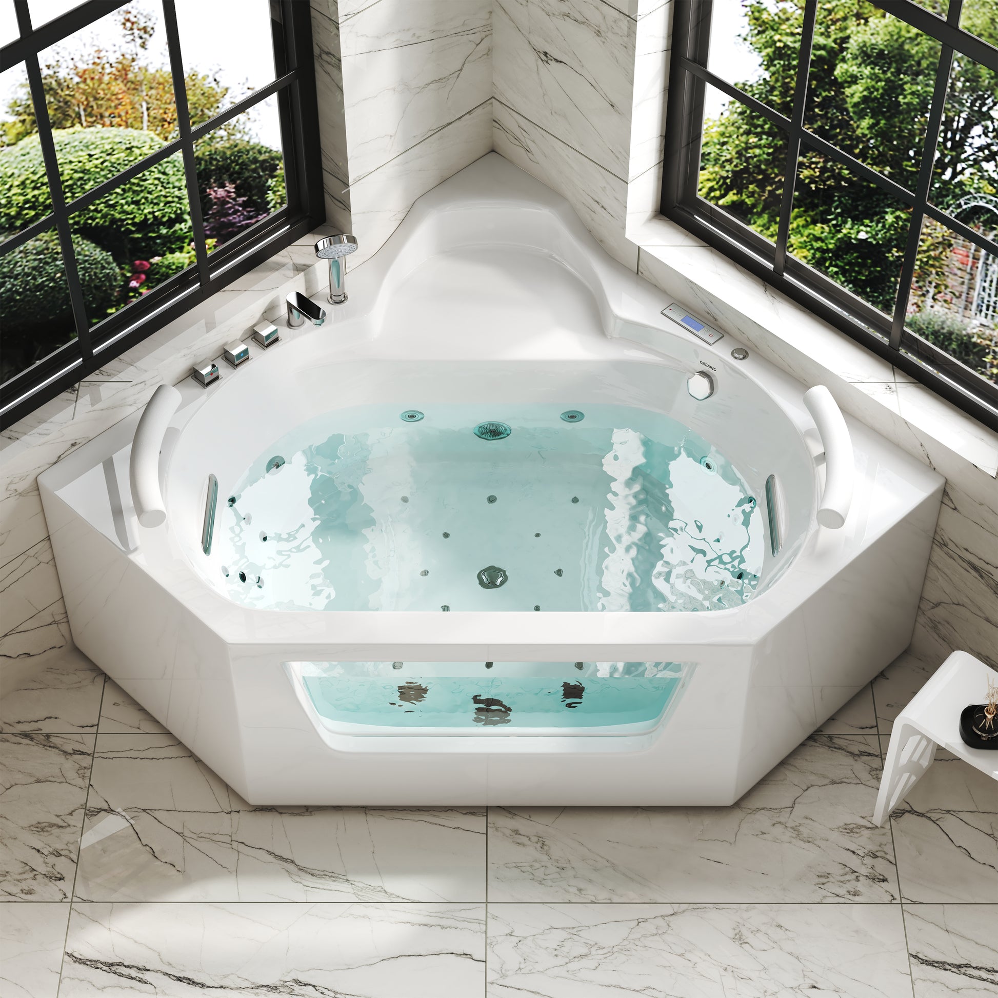 62" Acrylic Polygonal Corner Massage Tub with LED Hydrotherapy & Shoulder Waterfalls