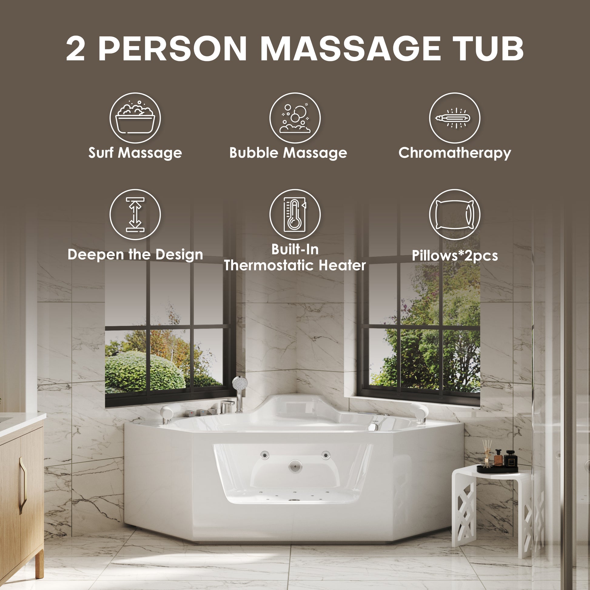 62" Acrylic Polygonal Corner Massage Tub with LED Hydrotherapy & Shoulder Waterfalls