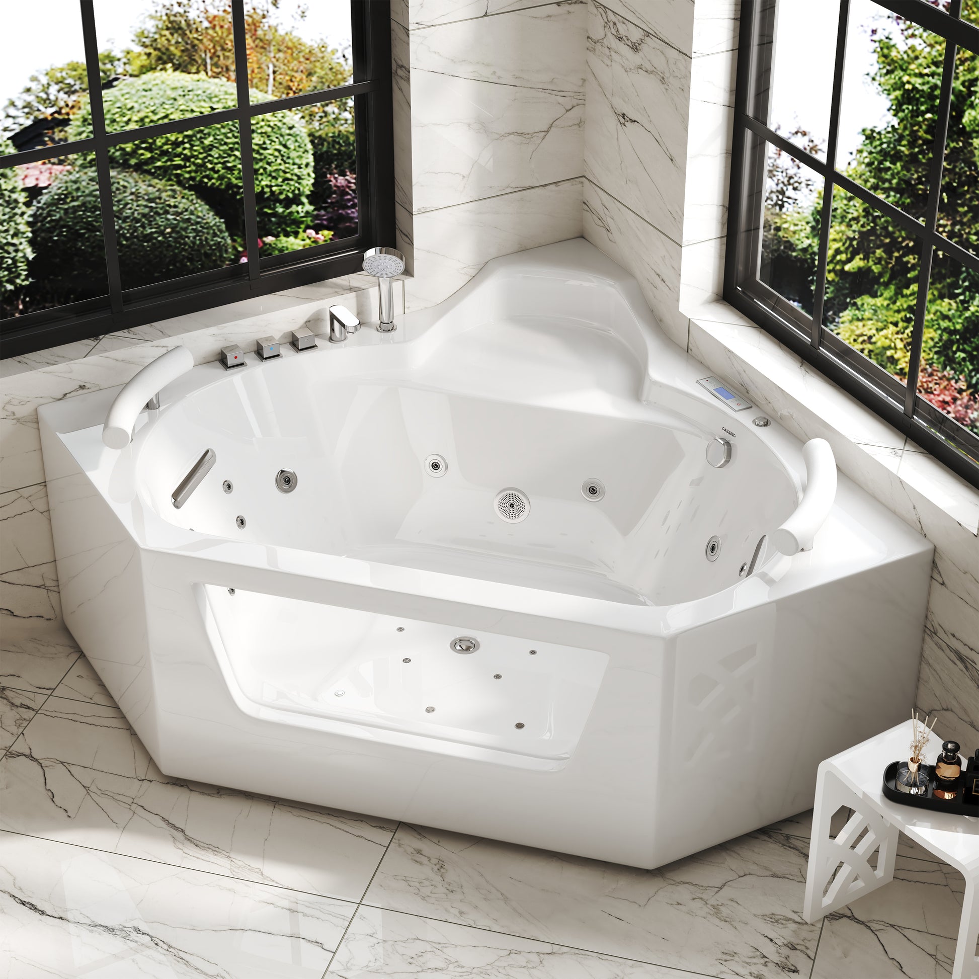 62" Acrylic Polygonal Corner Massage Tub with LED Hydrotherapy & Shoulder Waterfalls