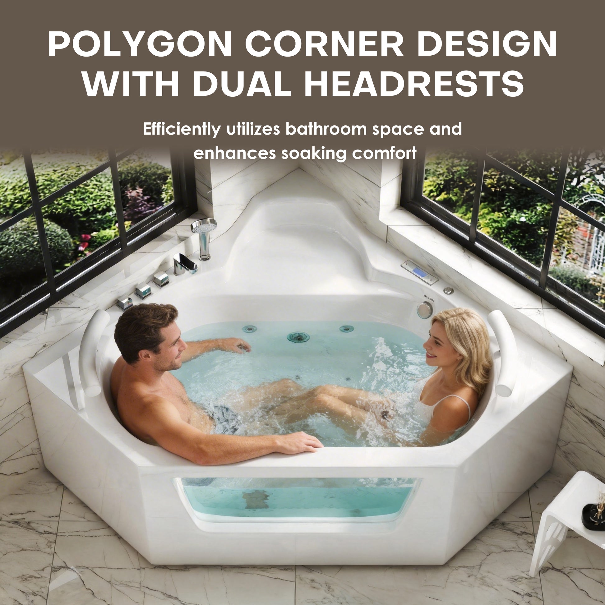 62" Acrylic Polygonal Corner Massage Tub with LED Hydrotherapy & Shoulder Waterfalls