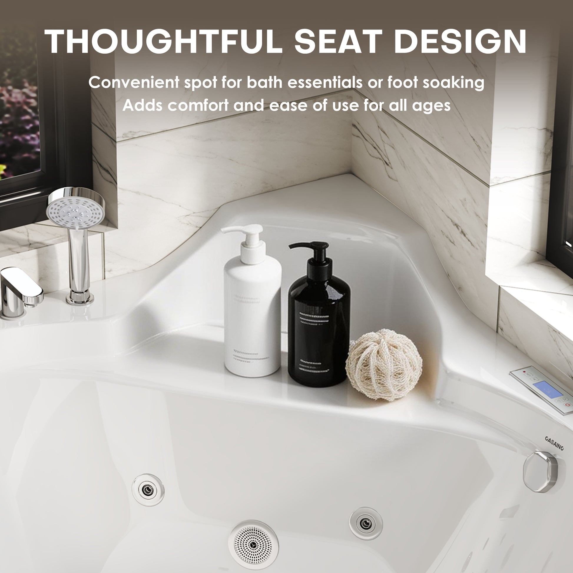 62" Acrylic Polygonal Corner Massage Tub with LED Hydrotherapy & Shoulder Waterfalls