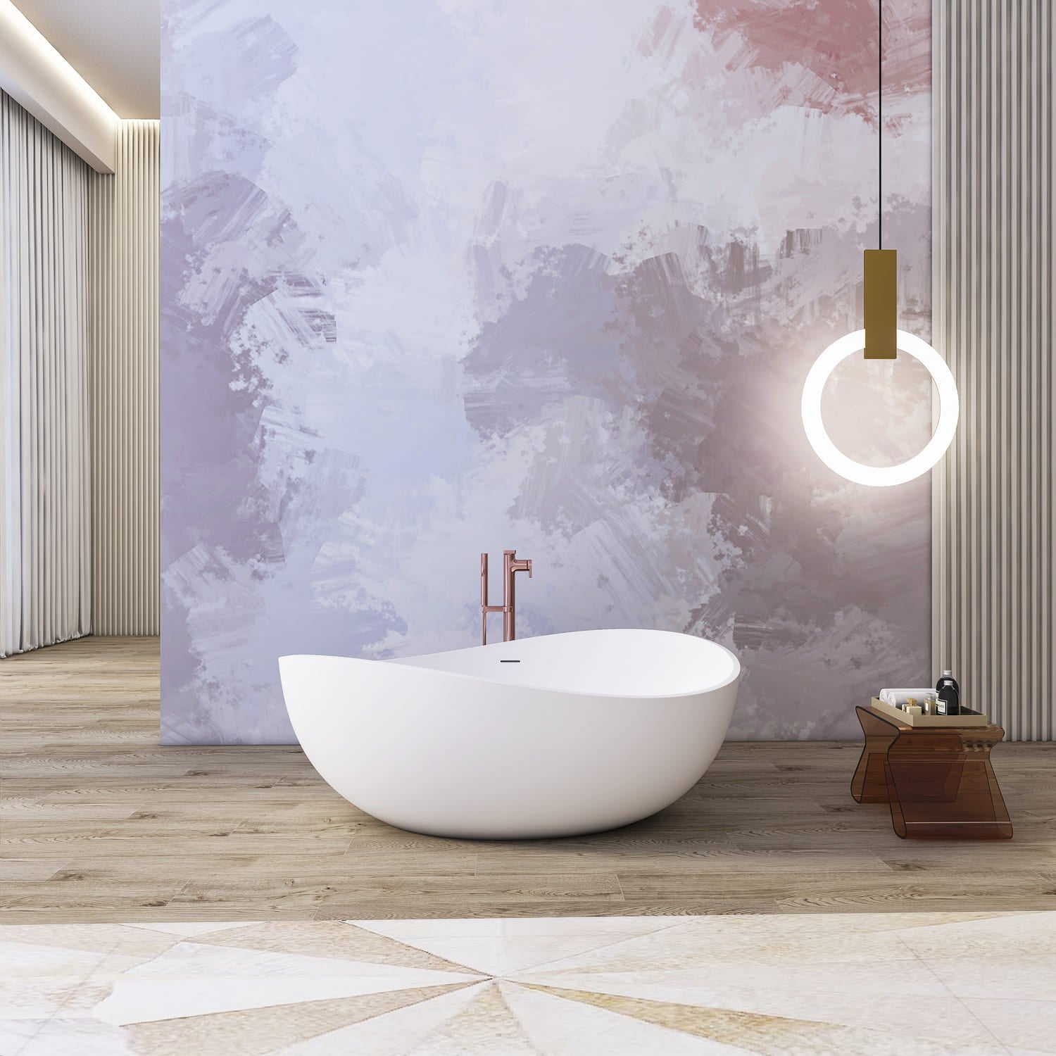 63" Modern Solid Surface Freestanding Soaking Bathtub with Sculptural Oval Design