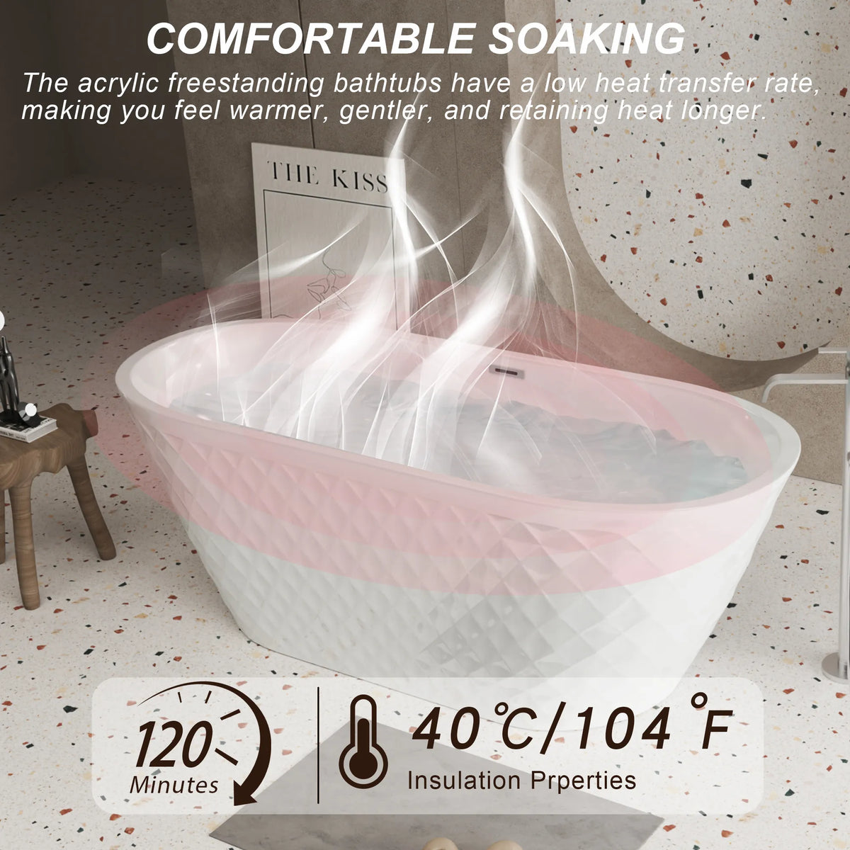 59" Gloss White Diamond-Pattern Exterior Acrylic Freestanding Bathtub with Chrome Overflow and Pop-Up Drain