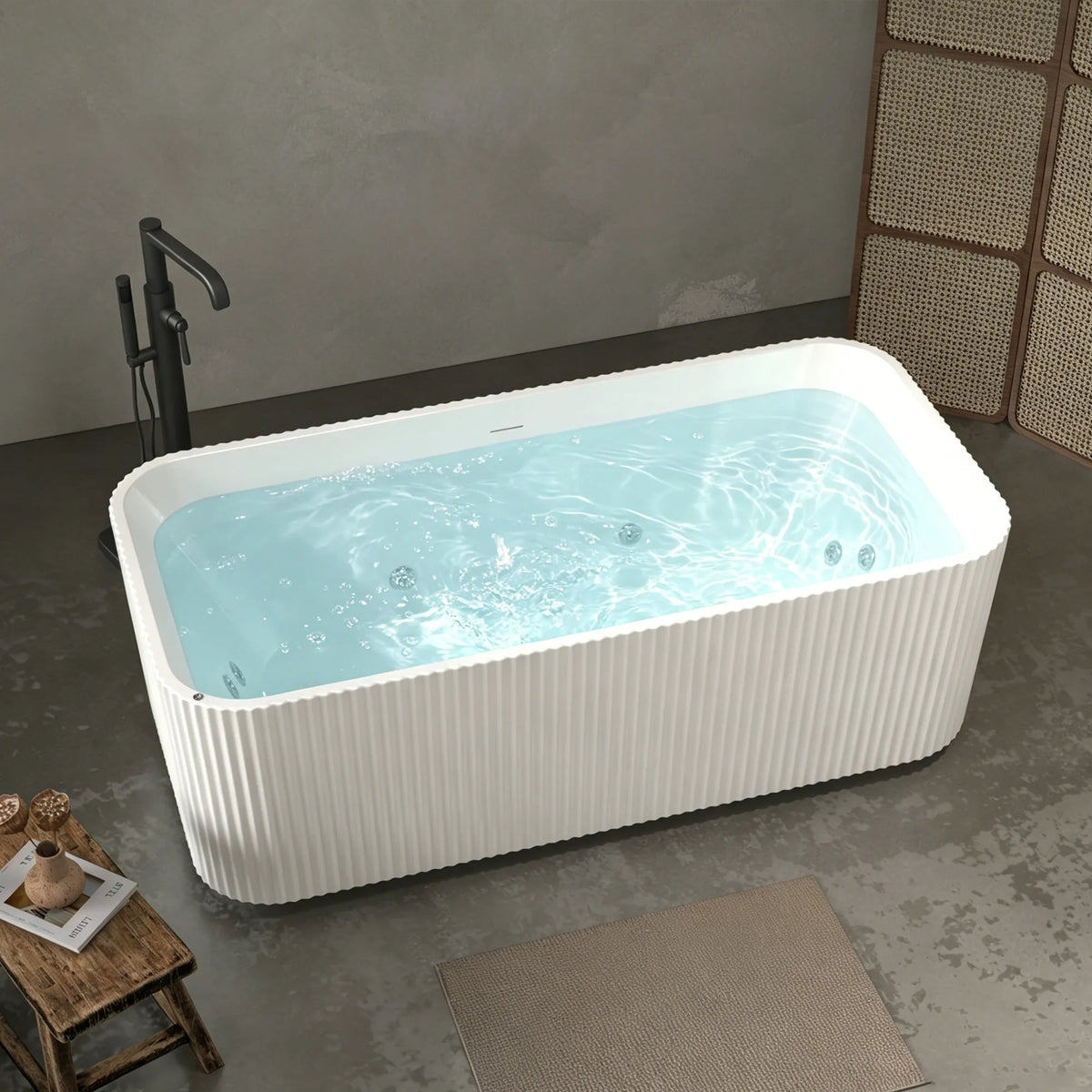67" Gloss White Acrylic Whirlpool Freestanding Bathtub with 10 Jets and Vertical Fluted Exterior