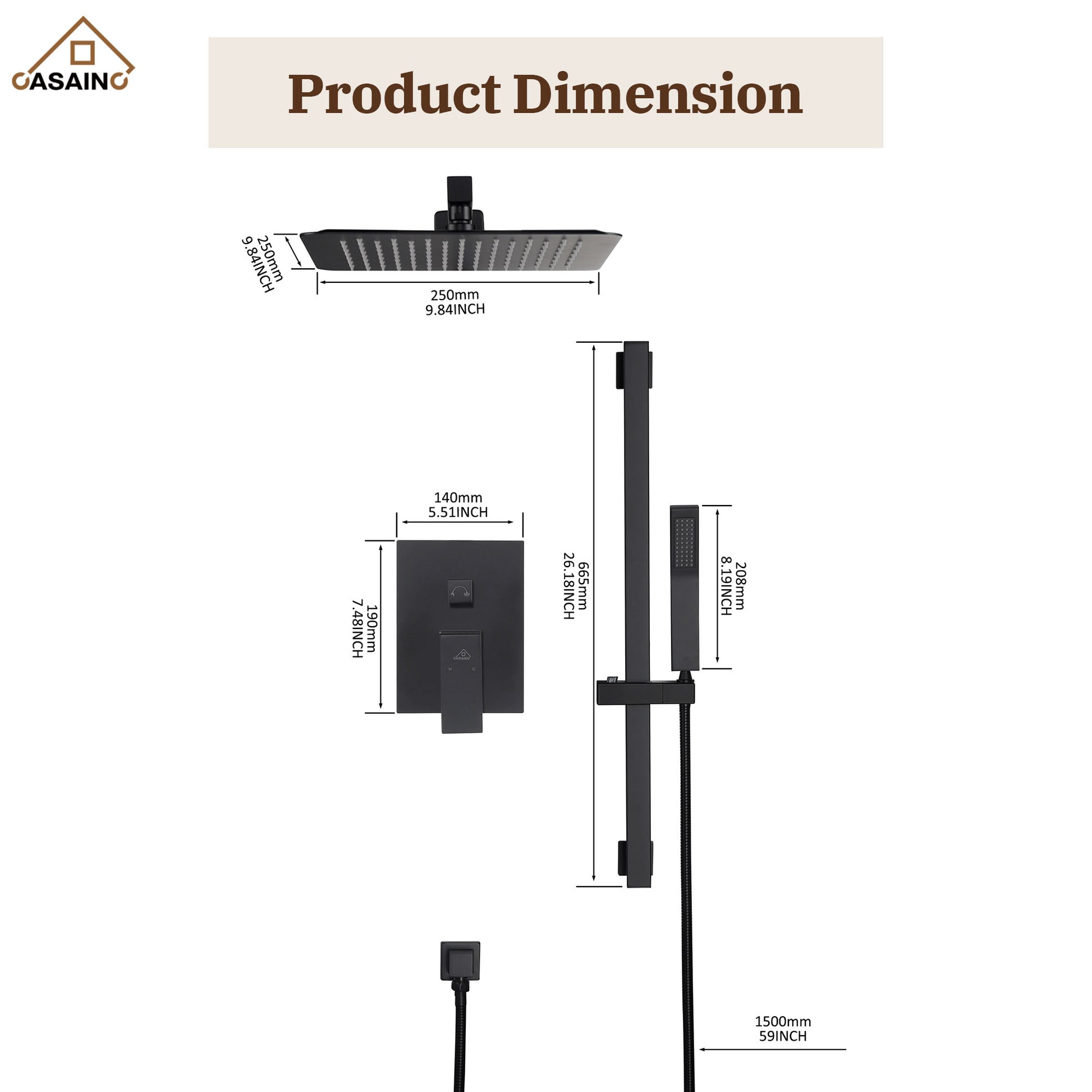 10" Wall Mount Rain Shower Shower System With Hand Shower & Slide Bar