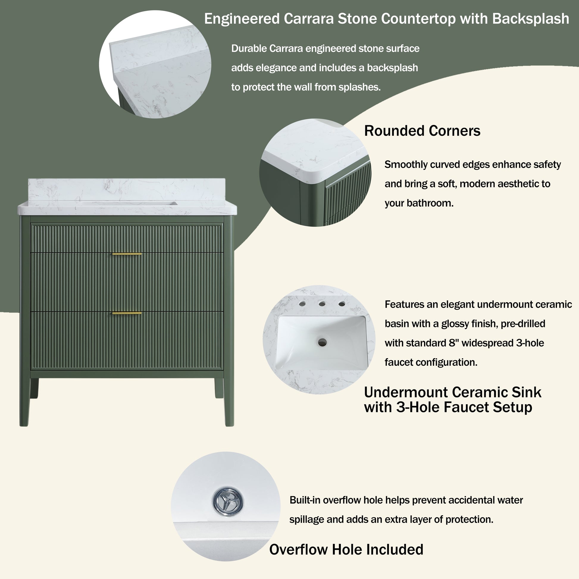 30"/36"/48" Freestanding Single Sink Bathroom Vanity with Solid Wood Construction & Marble Top