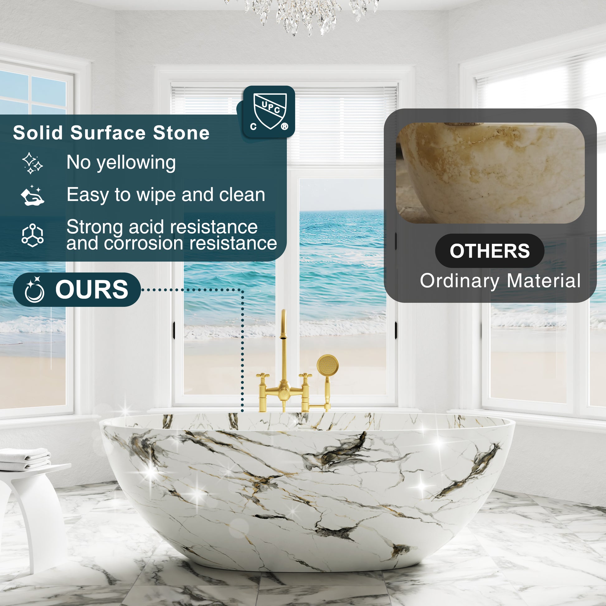 65" Freestanding Solid Surface Bathtub in Statuario White Marble Look with Ergonomic Backrest