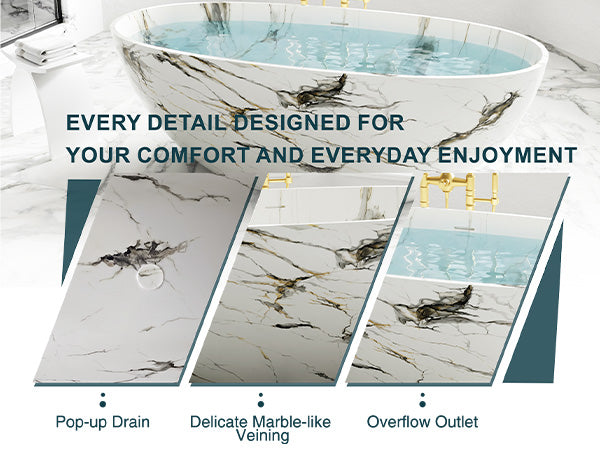 65" Freestanding Solid Surface Bathtub in Statuario White Marble Look with Ergonomic Backrest