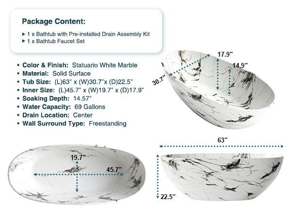 65" Freestanding Solid Surface Bathtub in Statuario White Marble Look with Ergonomic Backrest