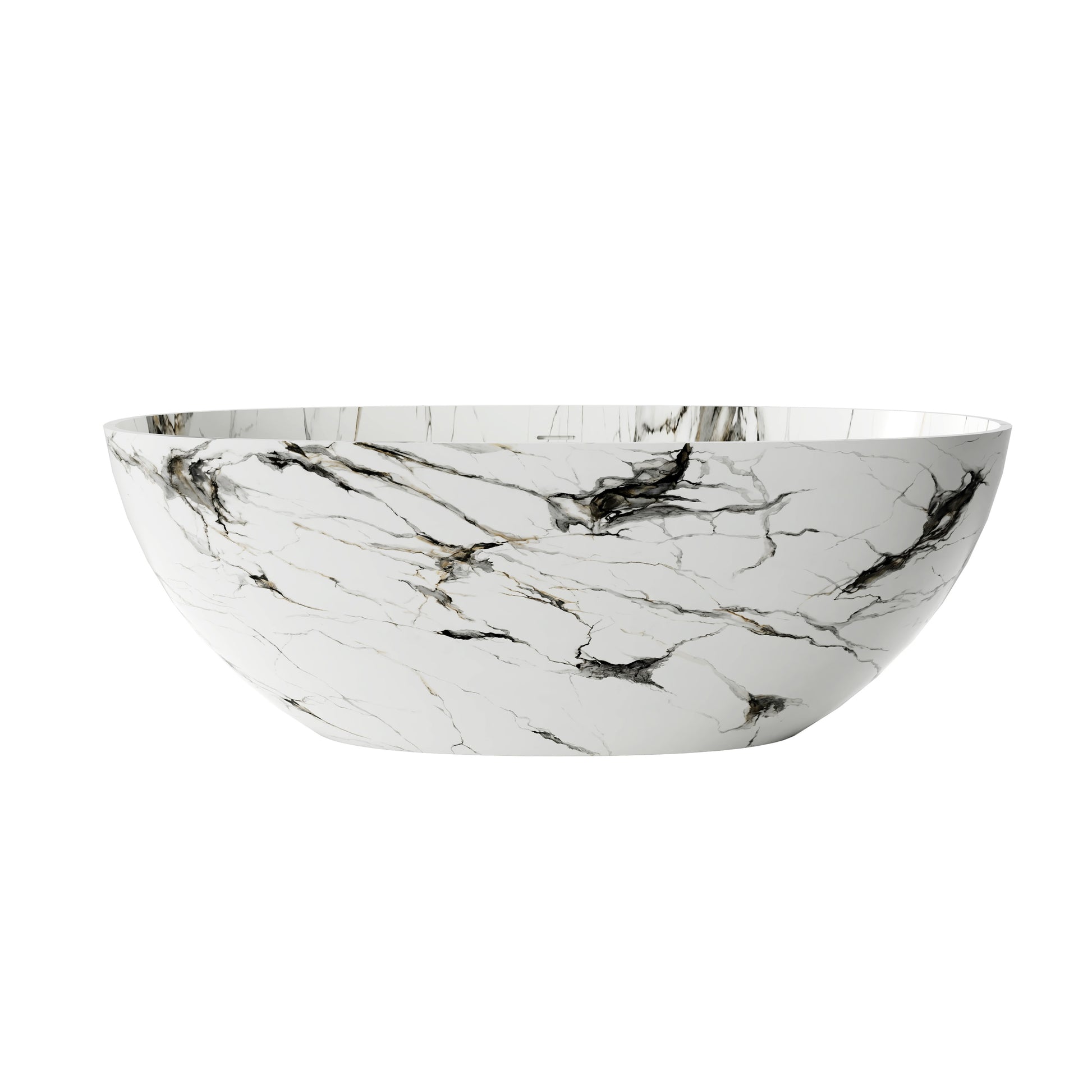 65" Freestanding Solid Surface Bathtub in Statuario White Marble Look with Ergonomic Backrest