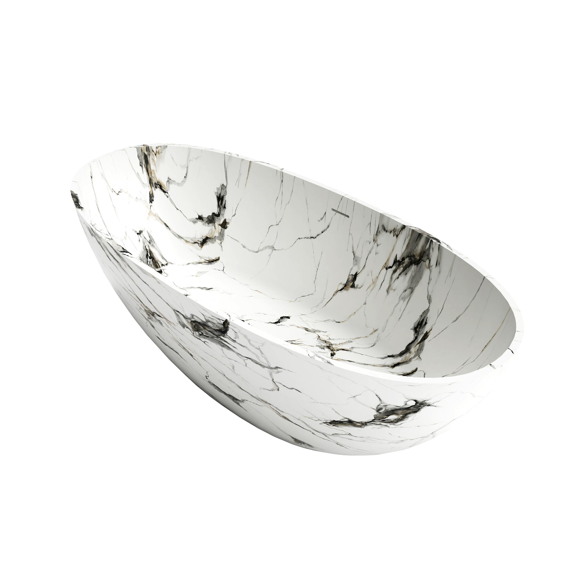 65" Freestanding Solid Surface Bathtub in Statuario White Marble Look with Ergonomic Backrest