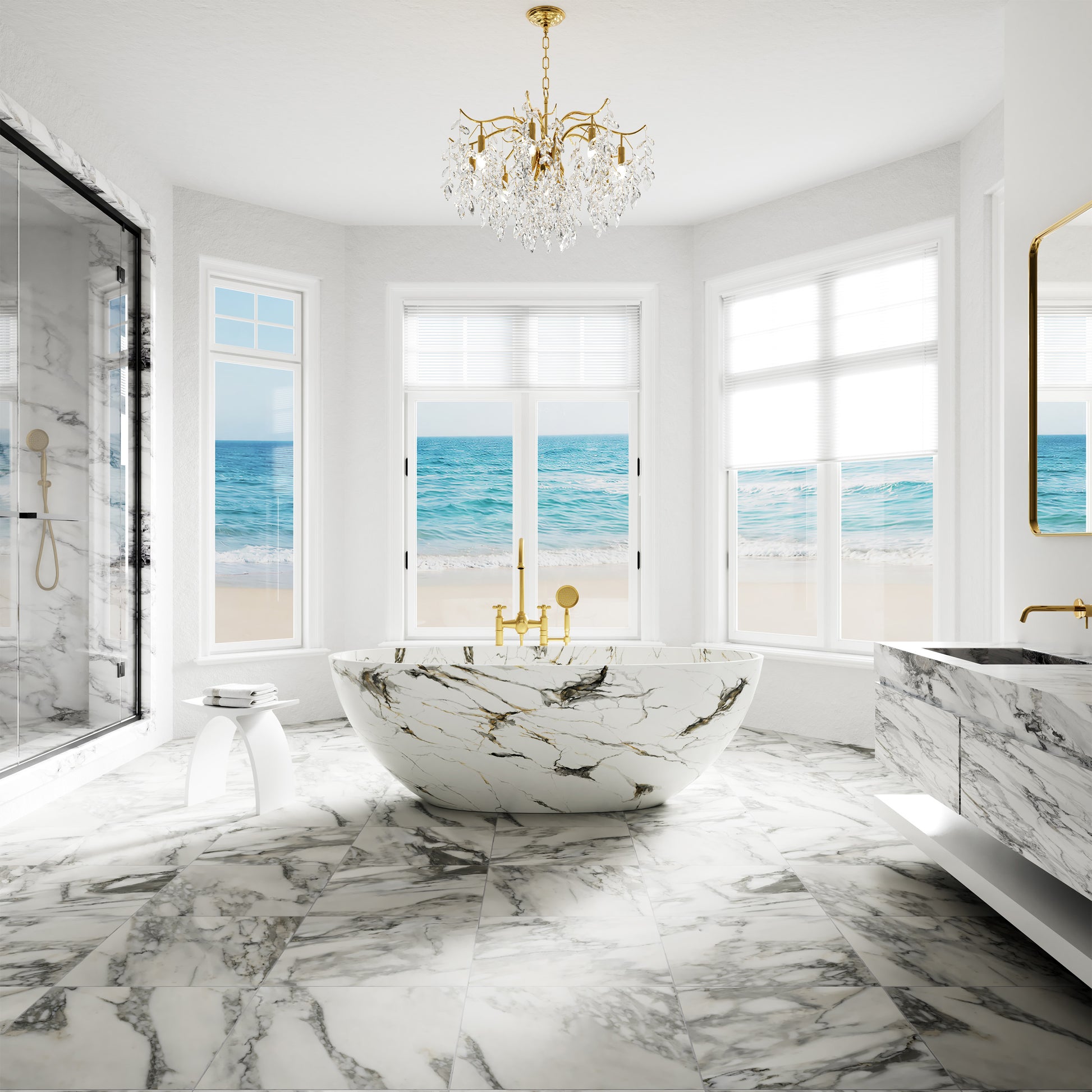 65" Freestanding Solid Surface Bathtub in Statuario White Marble Look with Ergonomic Backrest