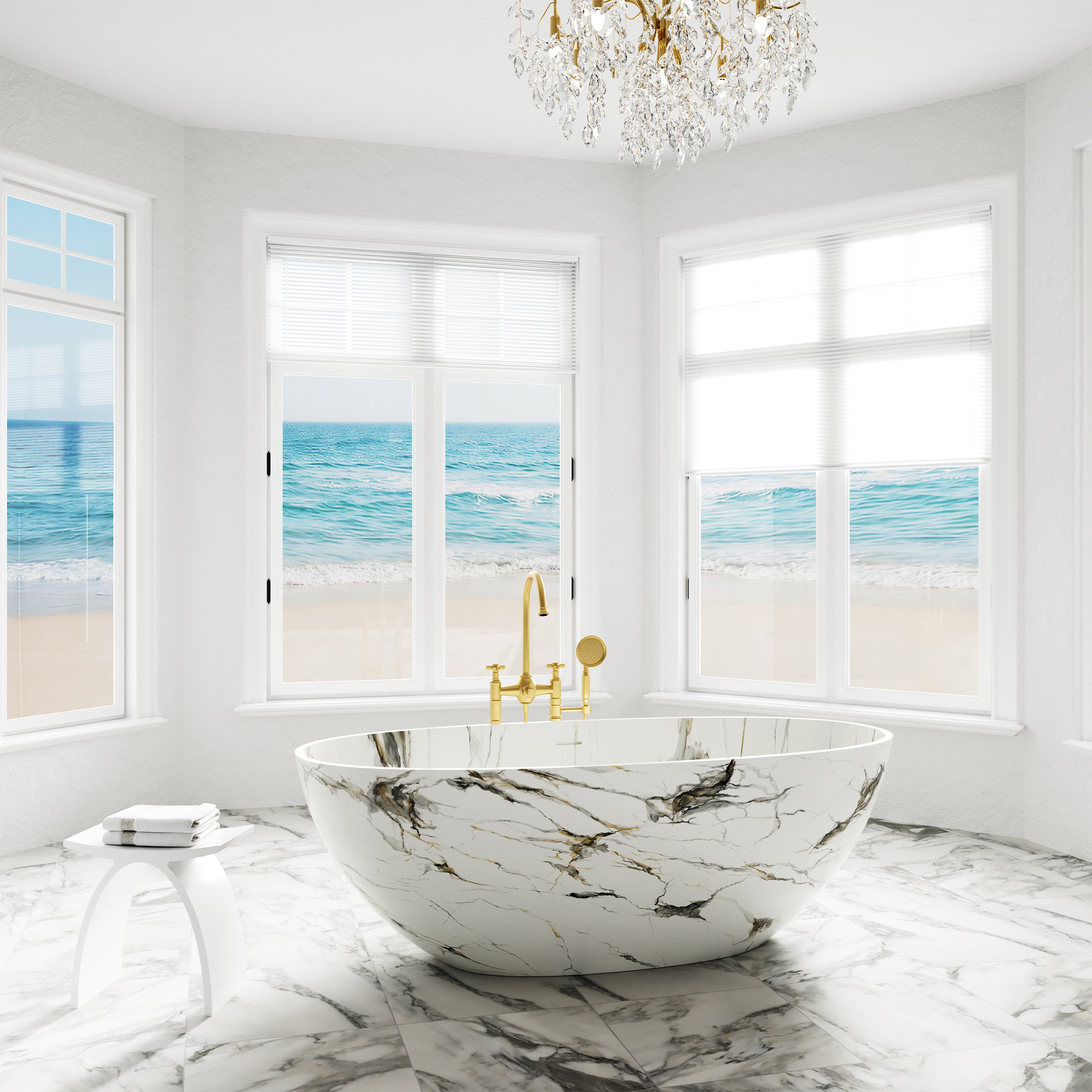 65" Freestanding Solid Surface Bathtub in Statuario White Marble Look with Ergonomic Backrest