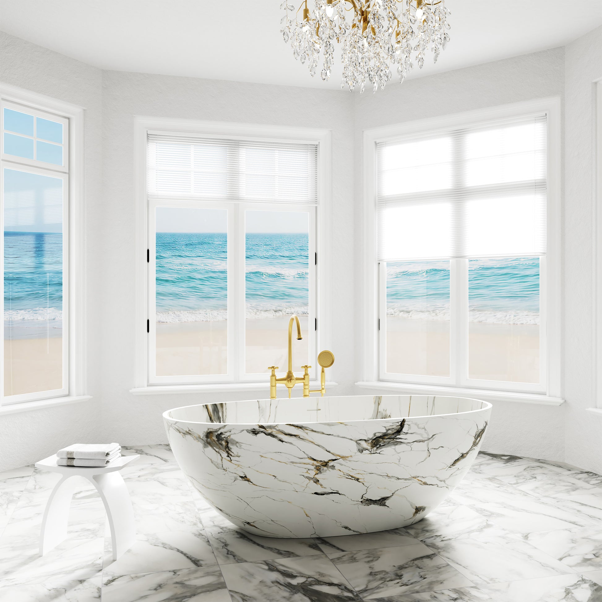65" Freestanding Solid Surface Bathtub in Statuario White Marble Look with Ergonomic Backrest