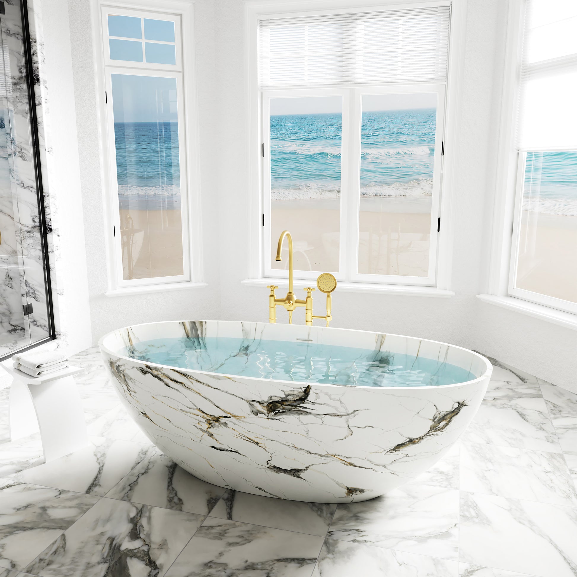 65" Freestanding Solid Surface Bathtub in Statuario White Marble Look with Ergonomic Backrest