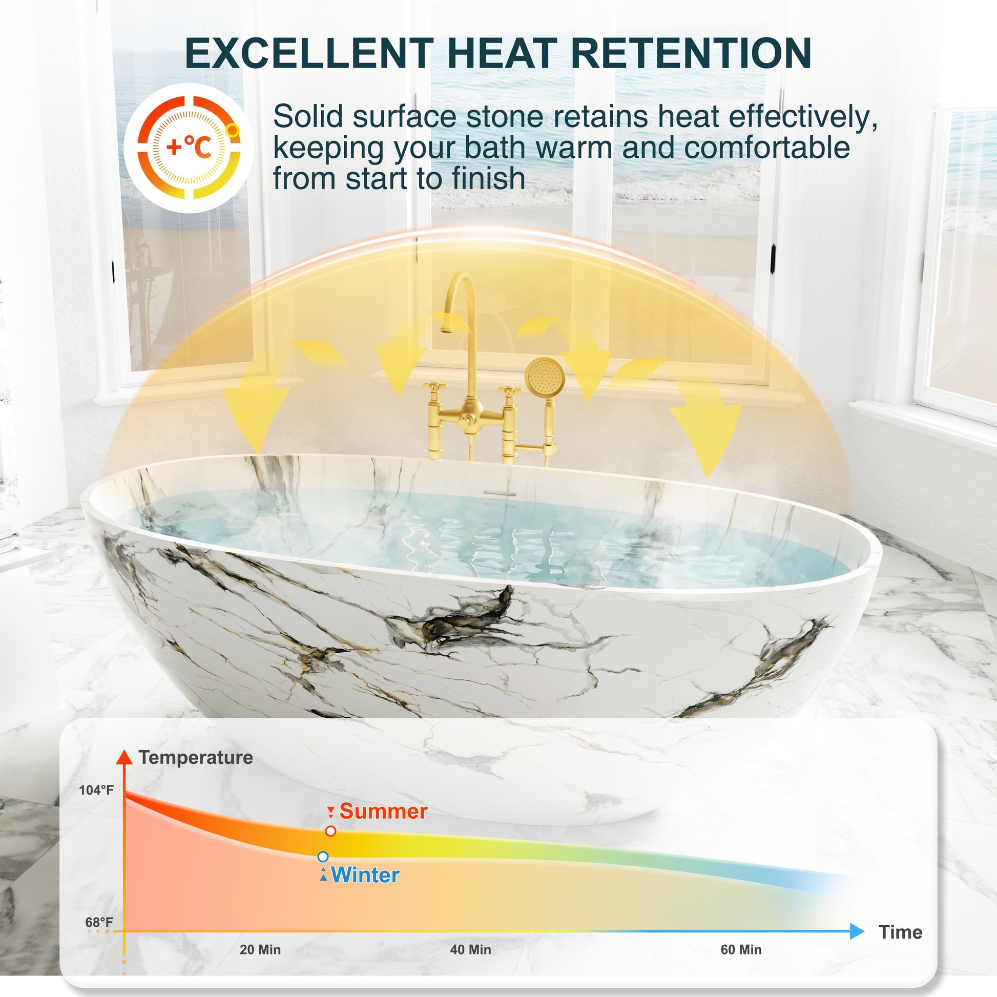 65" Freestanding Solid Surface Bathtub in Statuario White Marble Look with Ergonomic Backrest