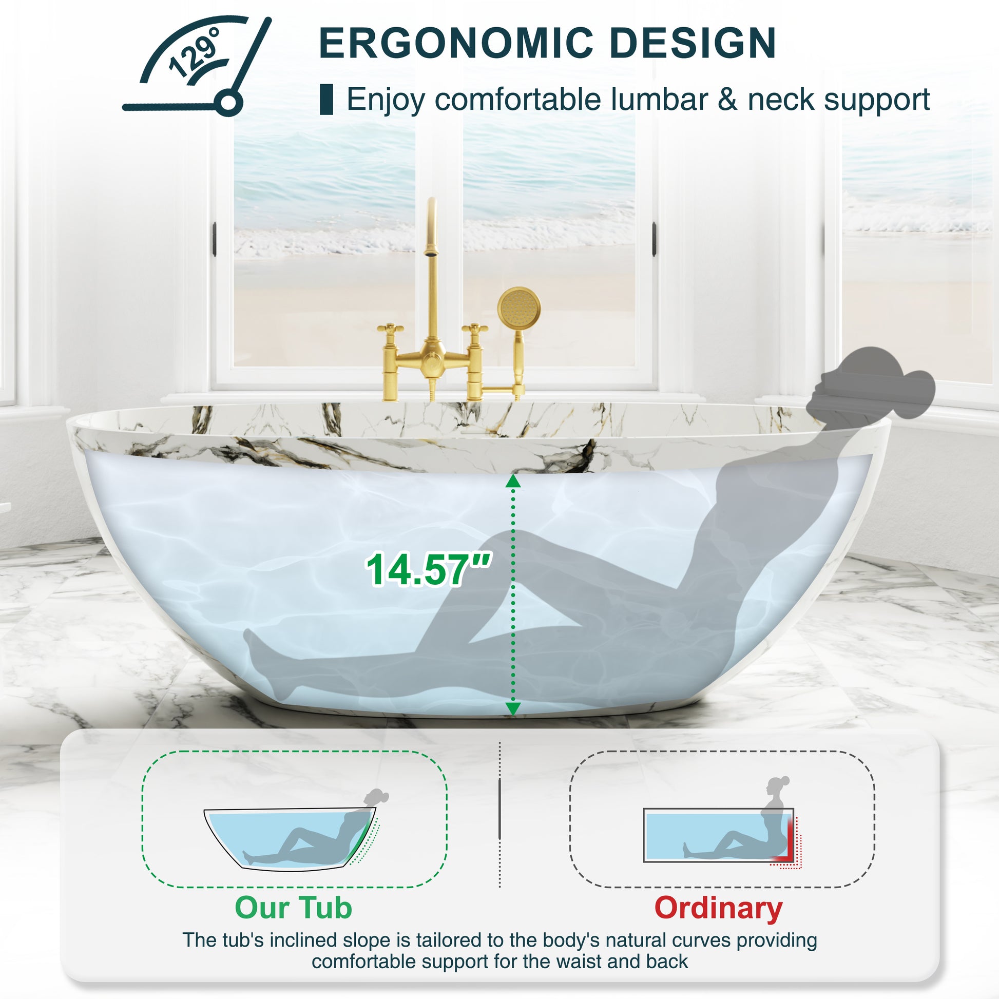 65" Freestanding Solid Surface Bathtub in Statuario White Marble Look with Ergonomic Backrest