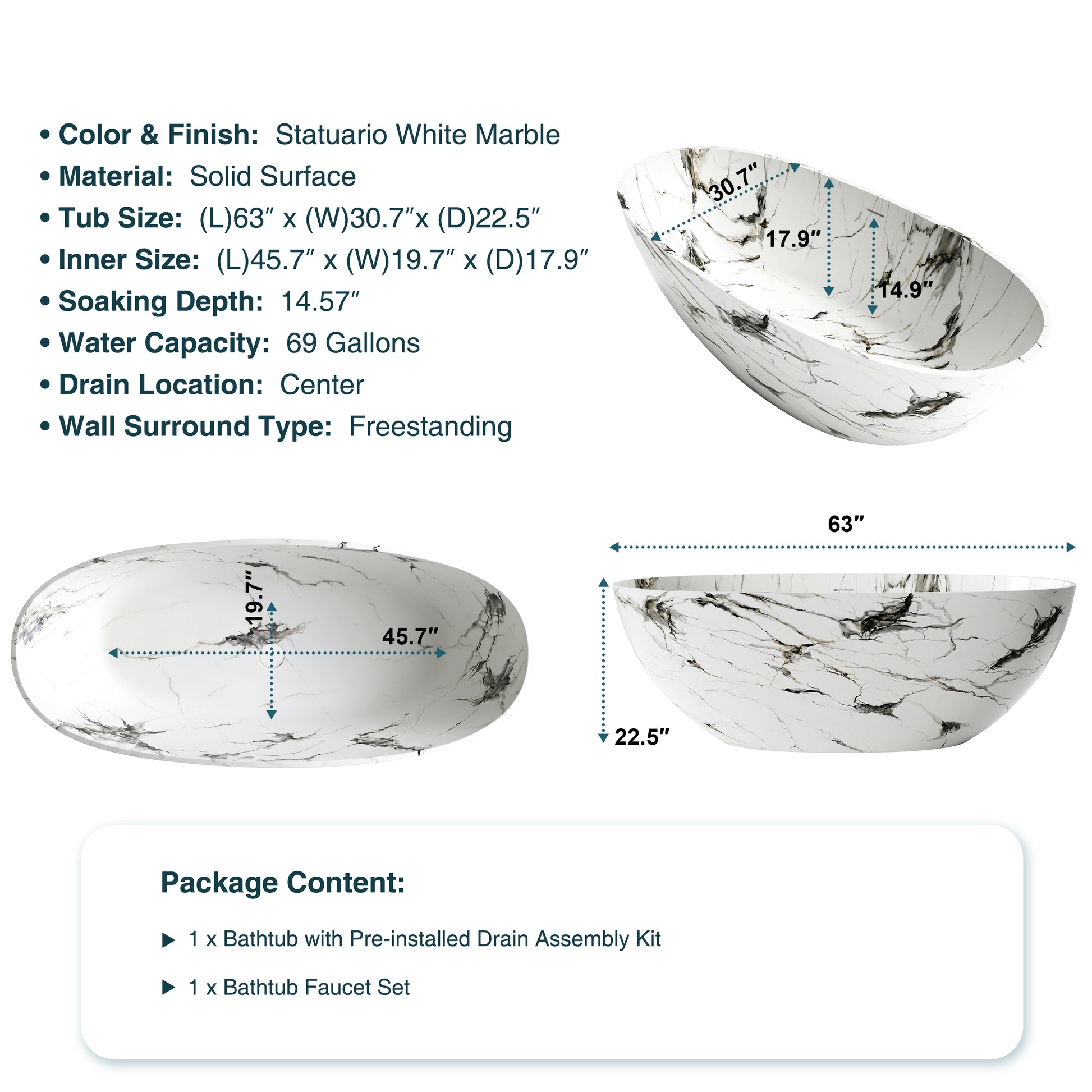 65" Freestanding Solid Surface Bathtub in Statuario White Marble Look with Ergonomic Backrest