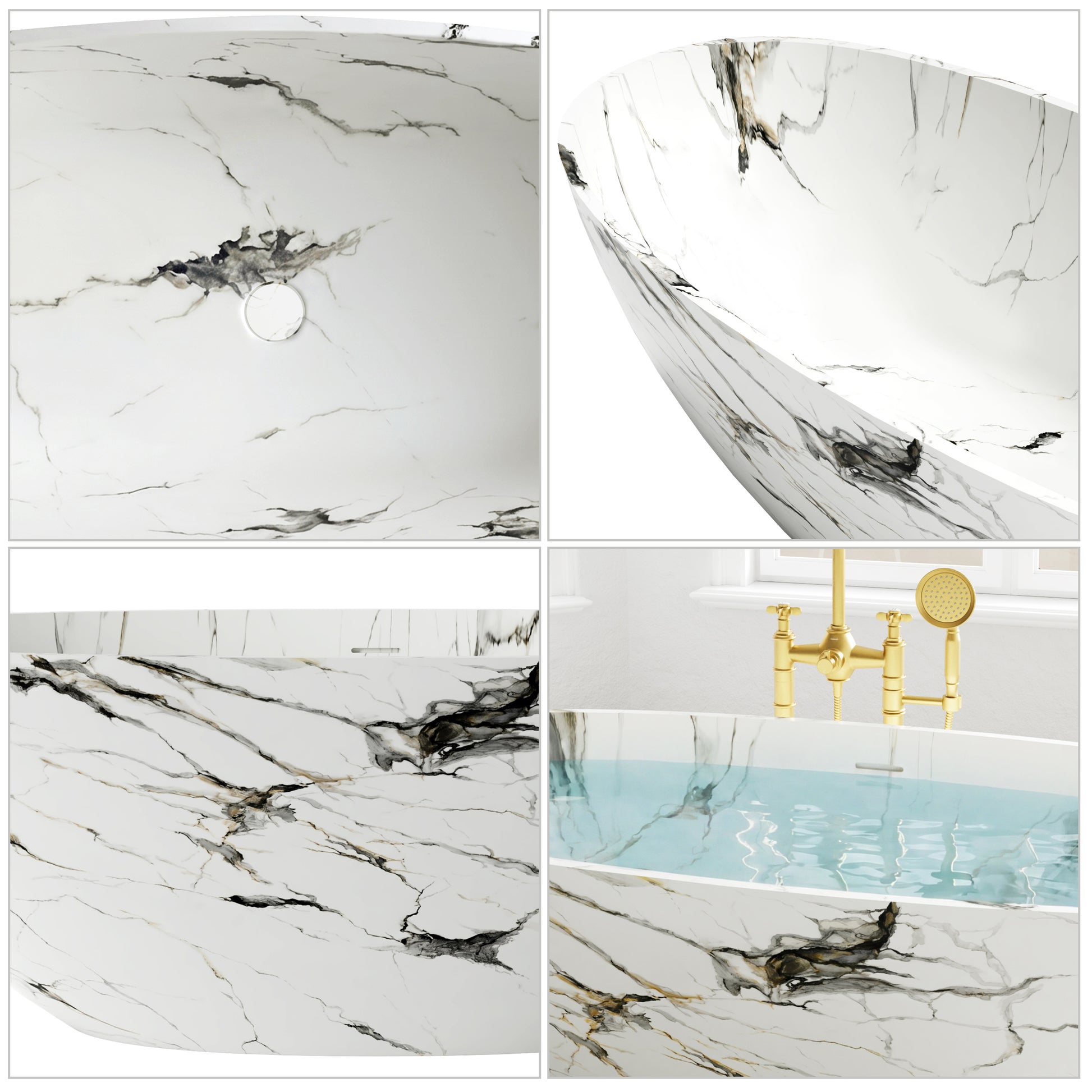 65" Freestanding Solid Surface Bathtub in Statuario White Marble Look with Ergonomic Backrest