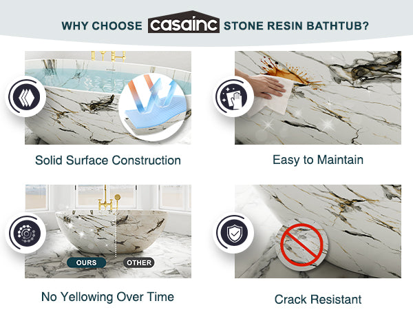 65" Freestanding Solid Surface Bathtub in Statuario White Marble Look with Ergonomic Backrest