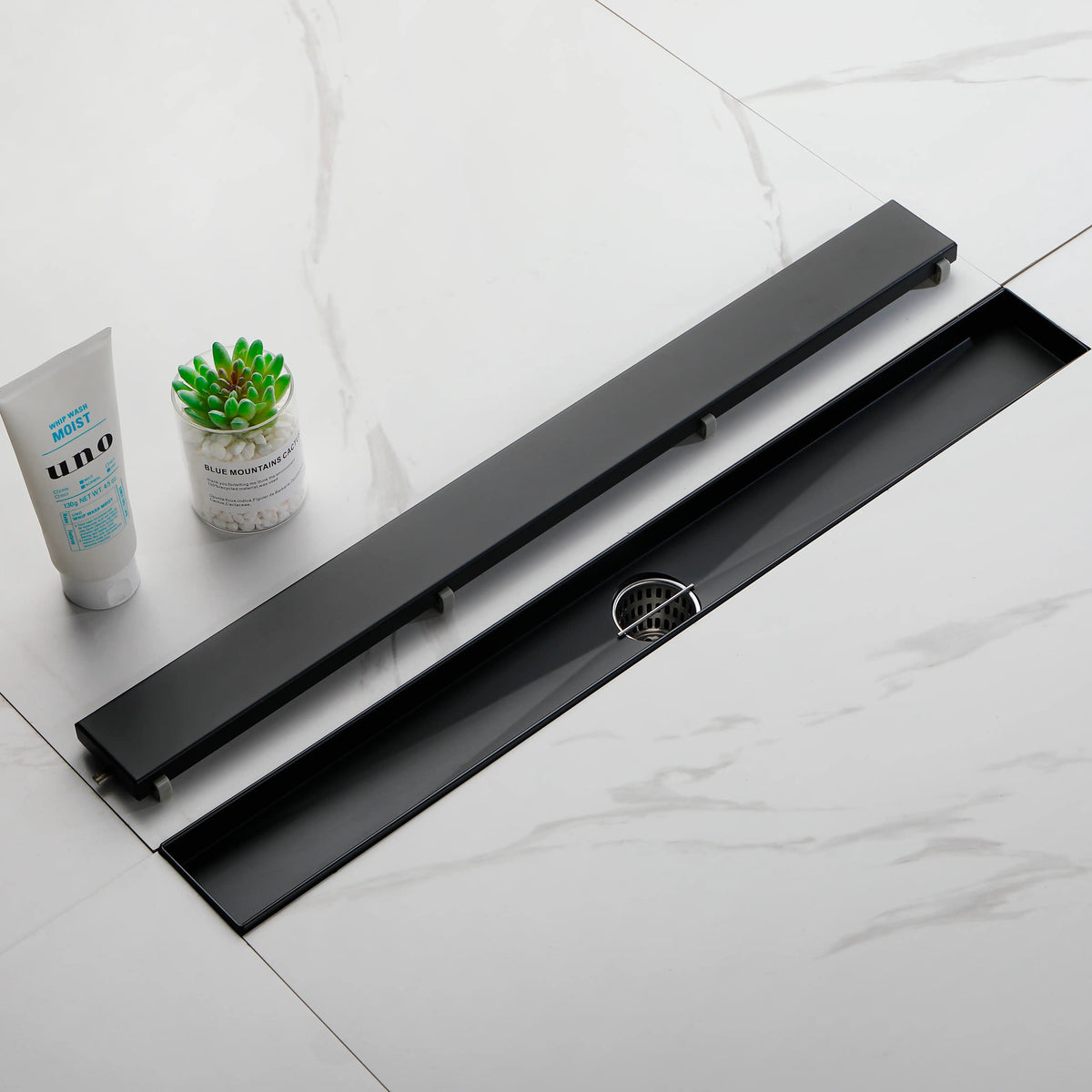 24-Inch Linear Shower Drain in 304 Stainless Steel with Removable Cover Hair Strainer and Flange