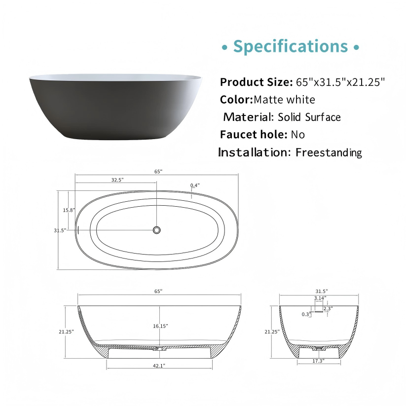57"/61"/65"/69" Luxury Stone Resin Freestanding Soaking Bathtub with One-Side Overflow